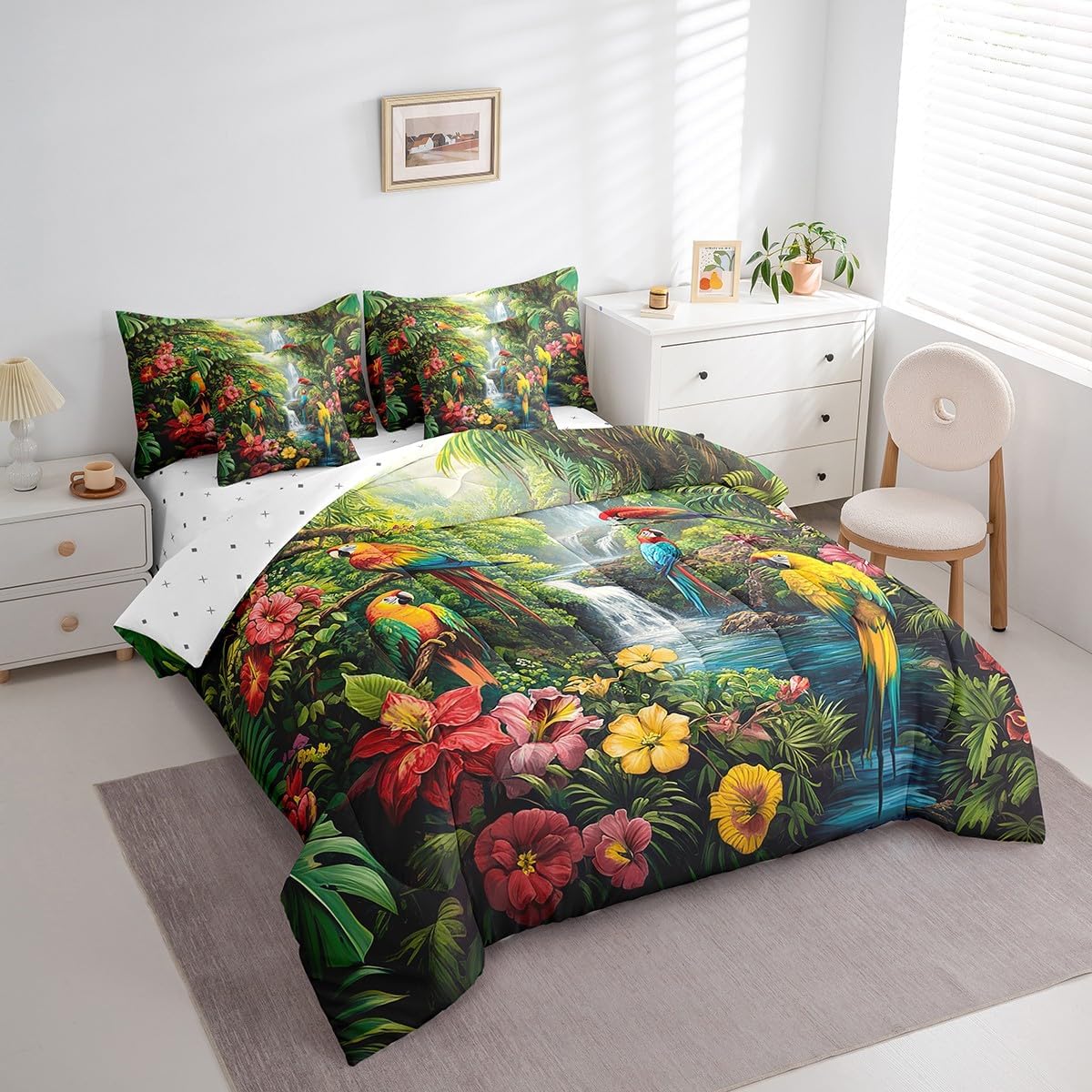 jejeloiu Parrot Comforter Set with Sheets Queen 7 Pcs Kids Blossom Flowers Floral Pattern Bedding Set for Boys Girls Summer Woodland Animals Palm Leaves Pattern Nature Theme Bed in a Bag Room Decor