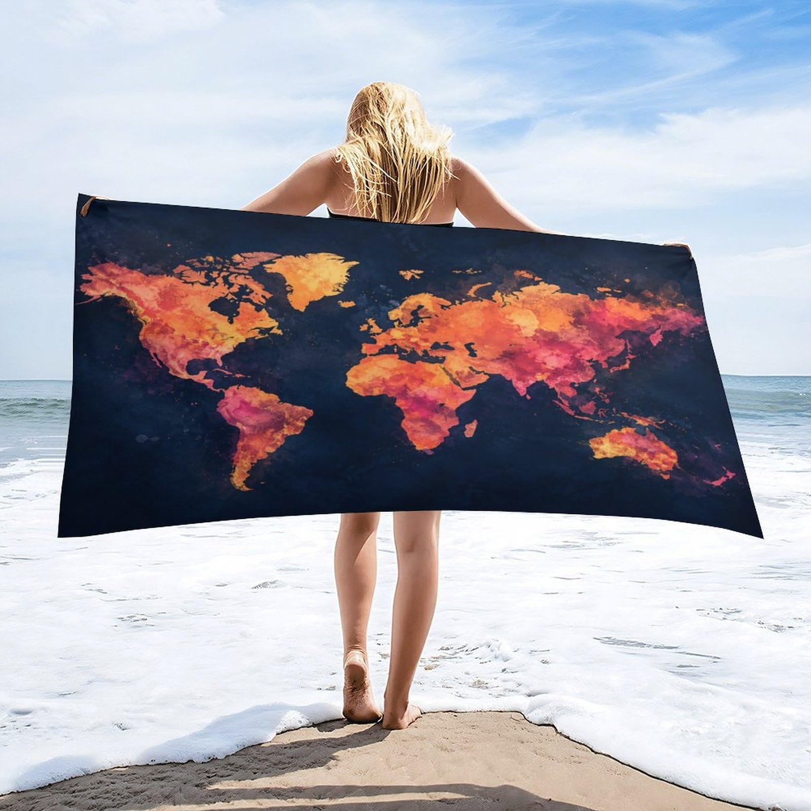 Anceky World Map Watercolor Beach Towel 30"×60",Soft Microfiber Bath Towel Shawl, Quick Dry Absorbent Pool Spa Gym Shower Towel