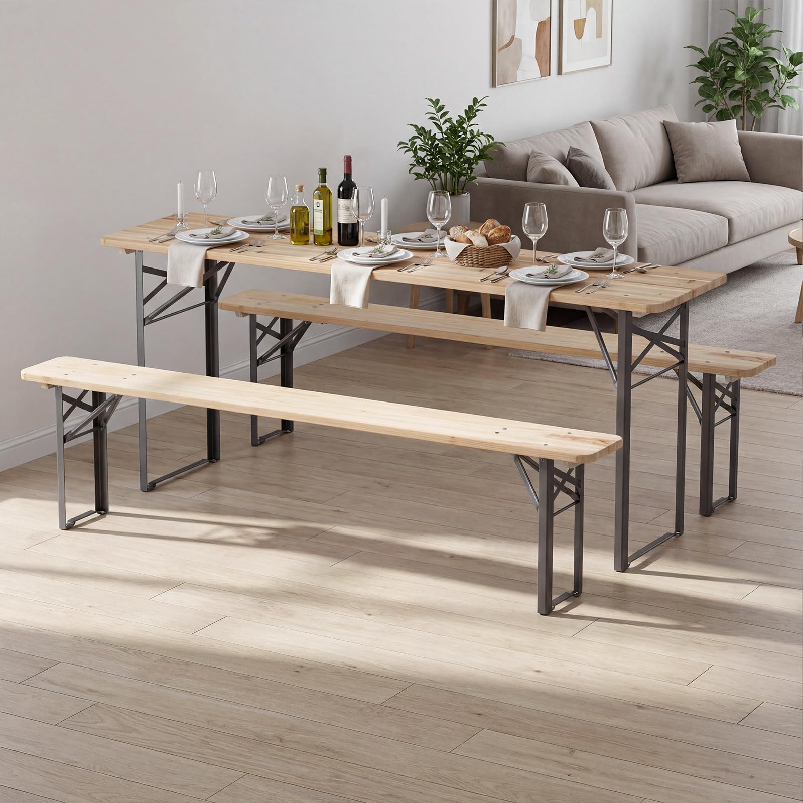 FANTASK Bierzeltgarnitur 3 teilig, Festzeltgarnitur klappbar inkl. 2 x Bierbänke & 1 x Biertisch, Bierbankgarnitur Holz für 4 Personen (176 cm)