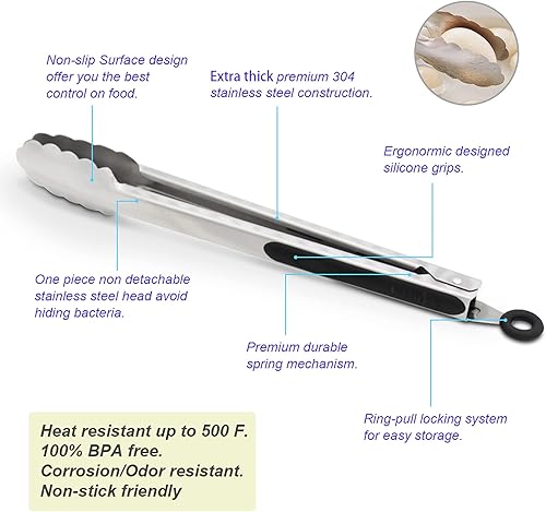 Miniatura 5 de Pinzas de cocina de acero inoxidable 304, juego de 2 pinzas resistentes de 9 y 12 pulgadas para asar, con aspecto cepillado, agarre ergonómico y