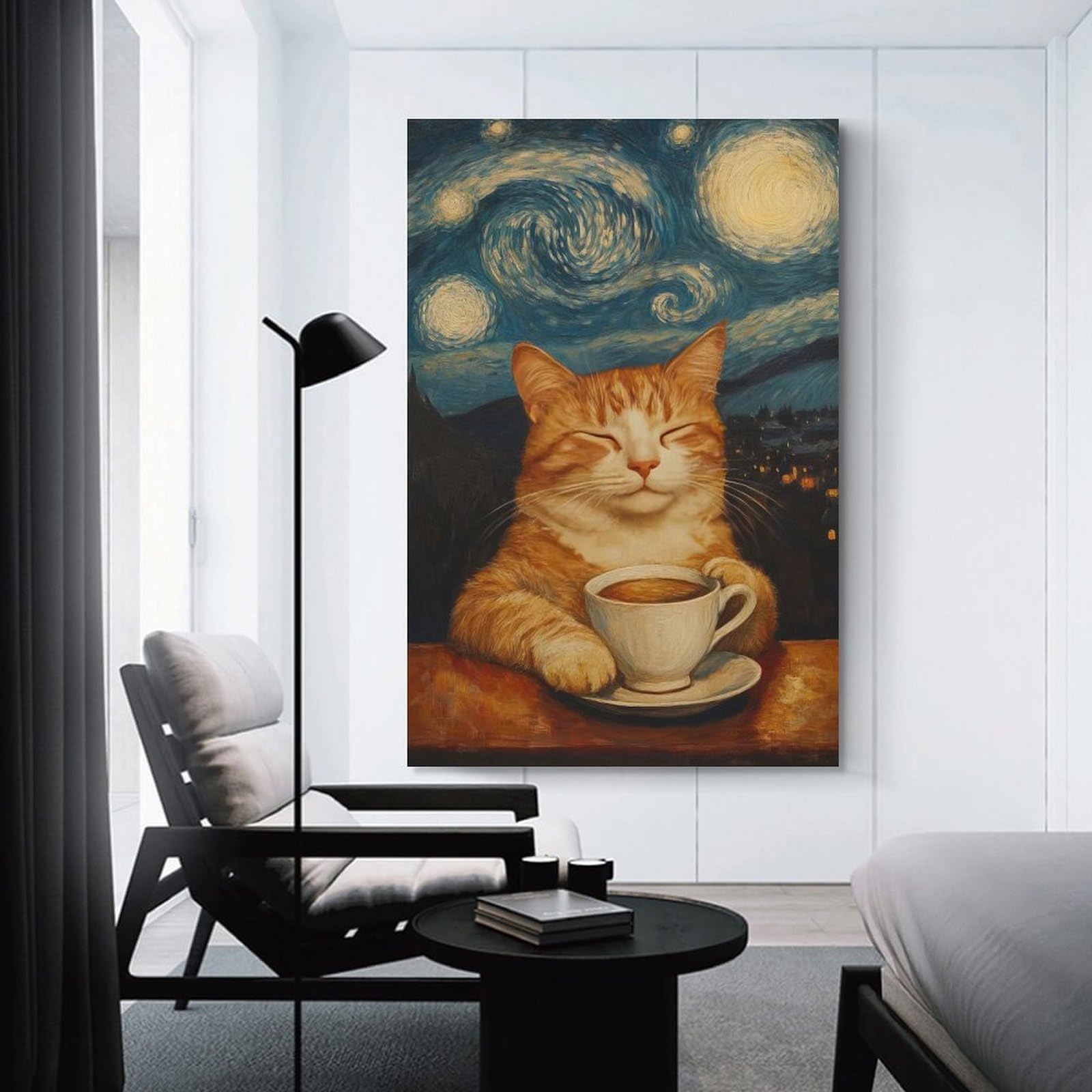 Junmoney Cat in Starry Night Wall Picture Print, 24x36inch(60x90cm), for Workspace Walls, Study Corners Or Bedrooms, Wall Art That Adds Style to Work Areas