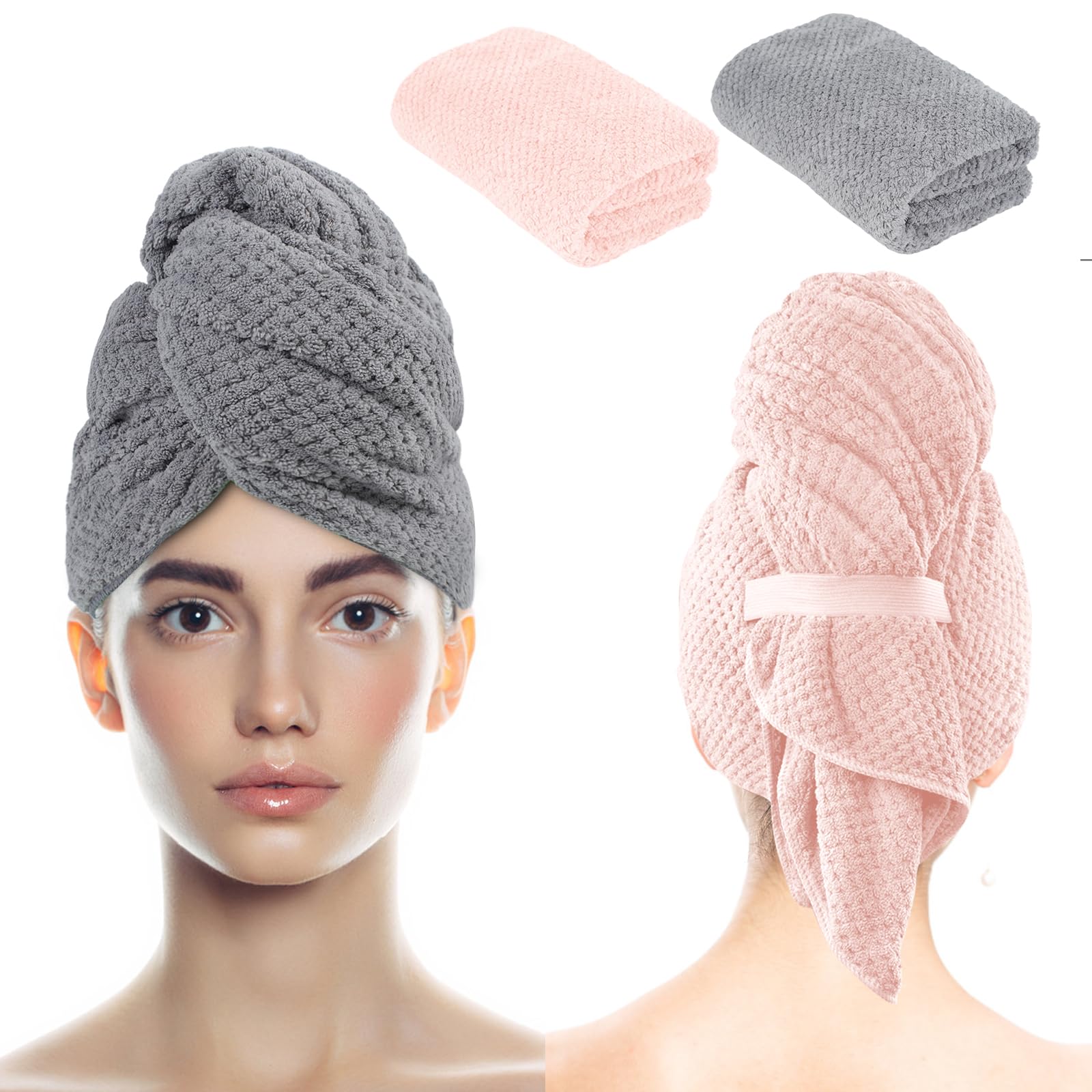 Neerow 2 Stück Mikrofaser Handtuch Haare, 100 x 60 cm Haarturban Super Saugfähig, Haarhandtuch mit Elastischem Band für Damen Kinder Lange Haar Schnell Trocknend (Grau, Rosa)