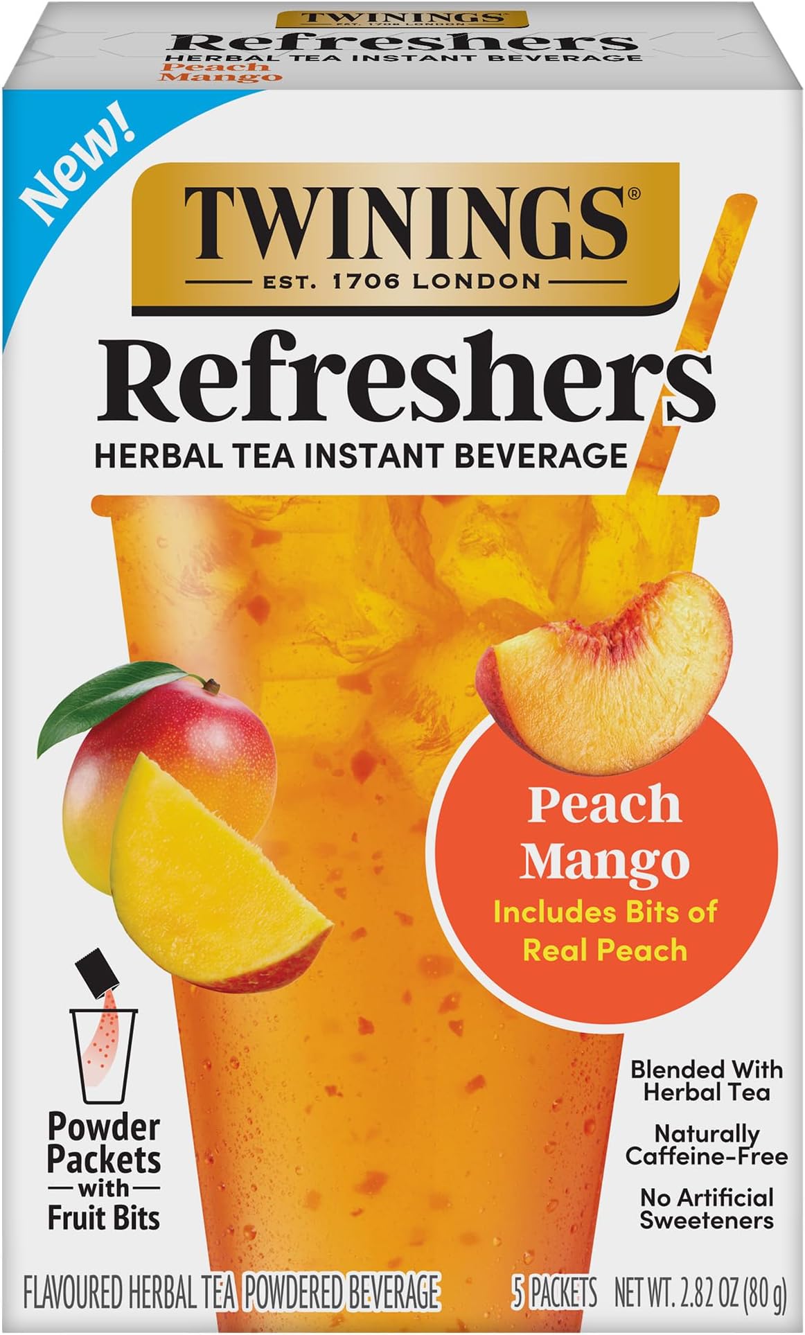 NEW Twinings Peach Mango Refreshers, Herbal Tea Instant Beverage with Real Peach Fruit Bits, 5 Count (Pack of 1), Cafรฉ Style, No Artificial Sweeteners, Naturally Caffeine-Free Refreshment, 5 Packets