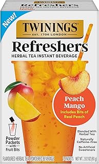 NEW Twinings Peach Mango Refreshers, Herbal Tea Instant Beverage with Real Peach Fruit Bits, 5 Count (Pack of 1), Café Style, No Artificial Sweeteners, Naturally Caffeine-Free Refreshment, 5 Packets