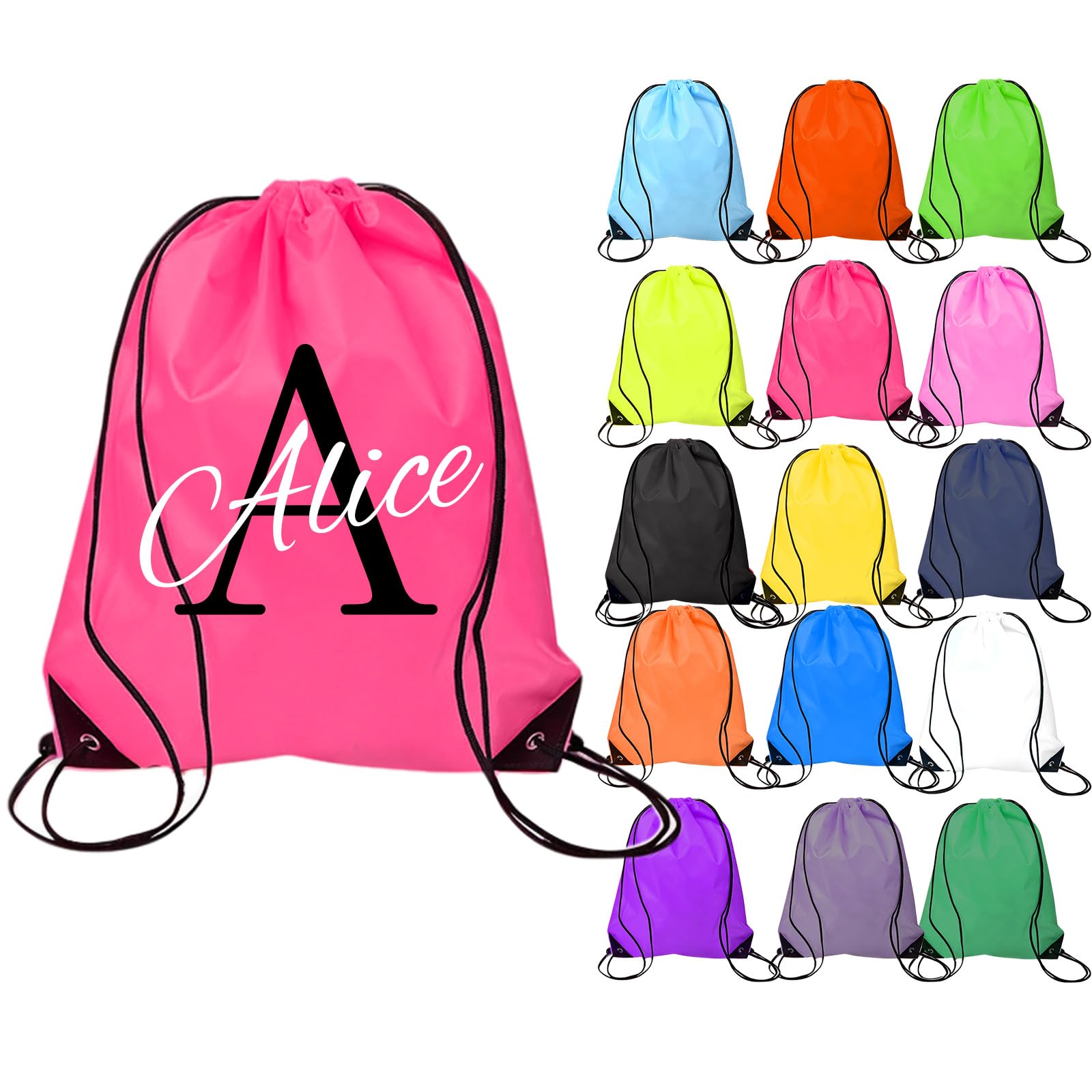 JPHCHSC Personalised Drawstring Bags for Kids & Adults With Image Logo Text Name- Swim, Gym, Sports & Travel (Initial and Name, 1)