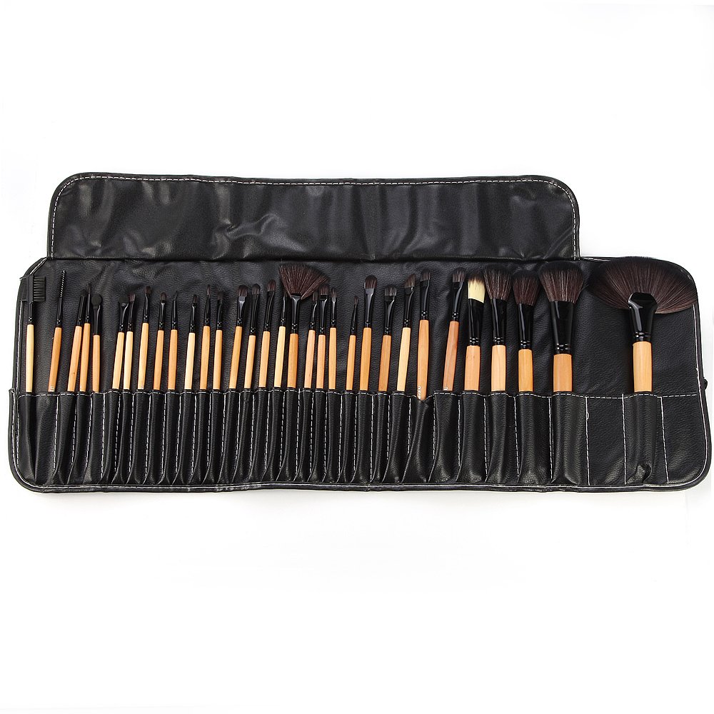DRQ Professional Makeup Brush Set| Pro Cosmetic-32pc Studio Pro Makeup Make Up Cosmetic Brush Set Kit w/Leather Case - For Eye Shadow, Blush, Concealer, Etc. (Wood)