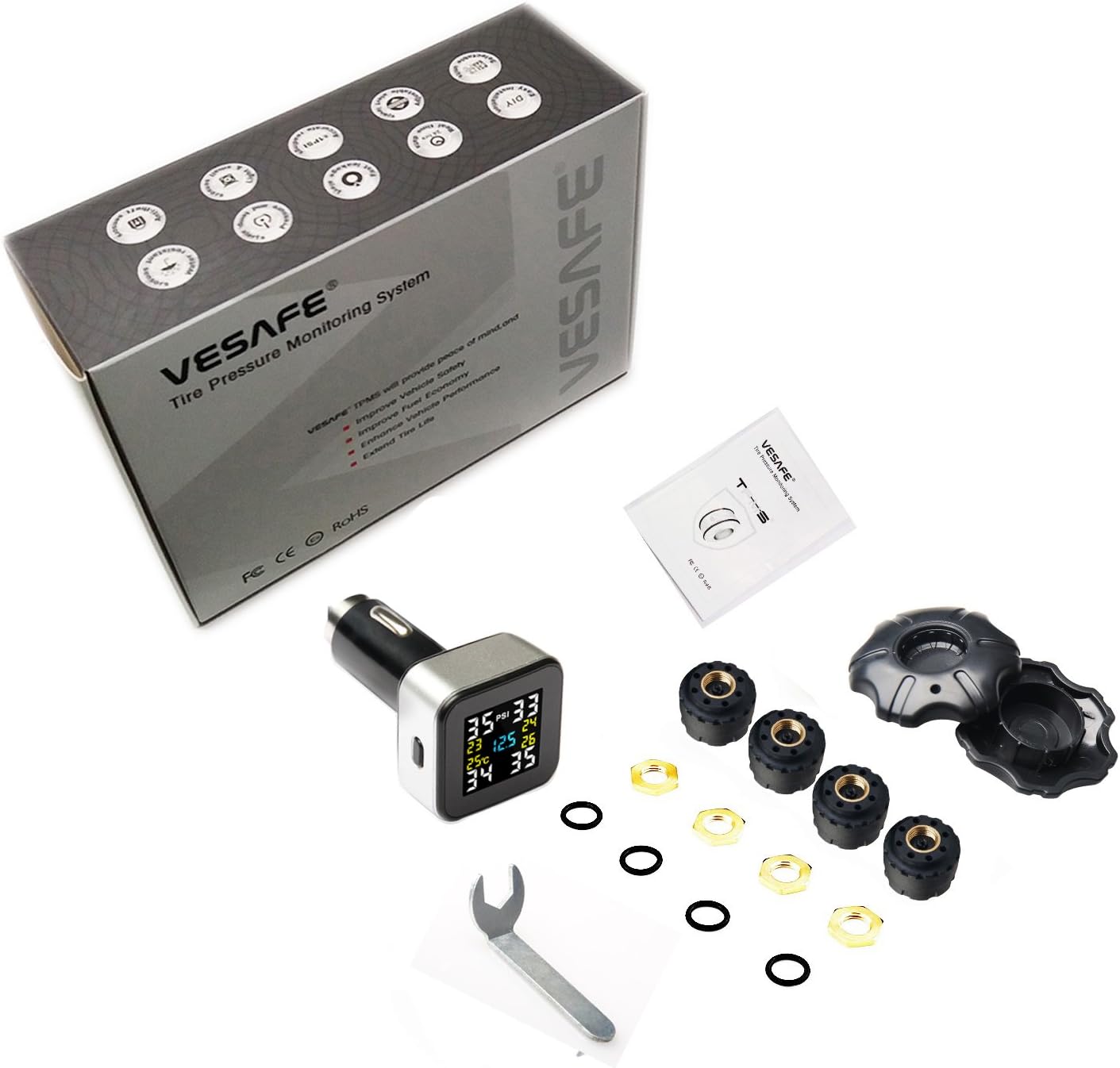 VESAFE Wireless Tire Pressure Monitoring System, Universal TPMS with Full-Color Real-Time Display, 5 Alarm Modes, 4 Waterproof Tire Pressure Sensors, 2-Year Battery Life, 0-6Bar/ 0-87PSI