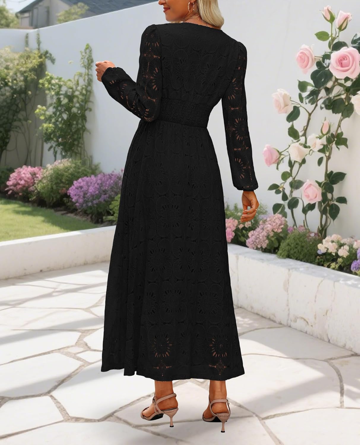 Women's Fall Long Puff Sleeve Floral Maxi Dress V Neck Lace Eyelet Hollow Out A Line Flowy Boho Wedding Guest Party Dresses - Image 4