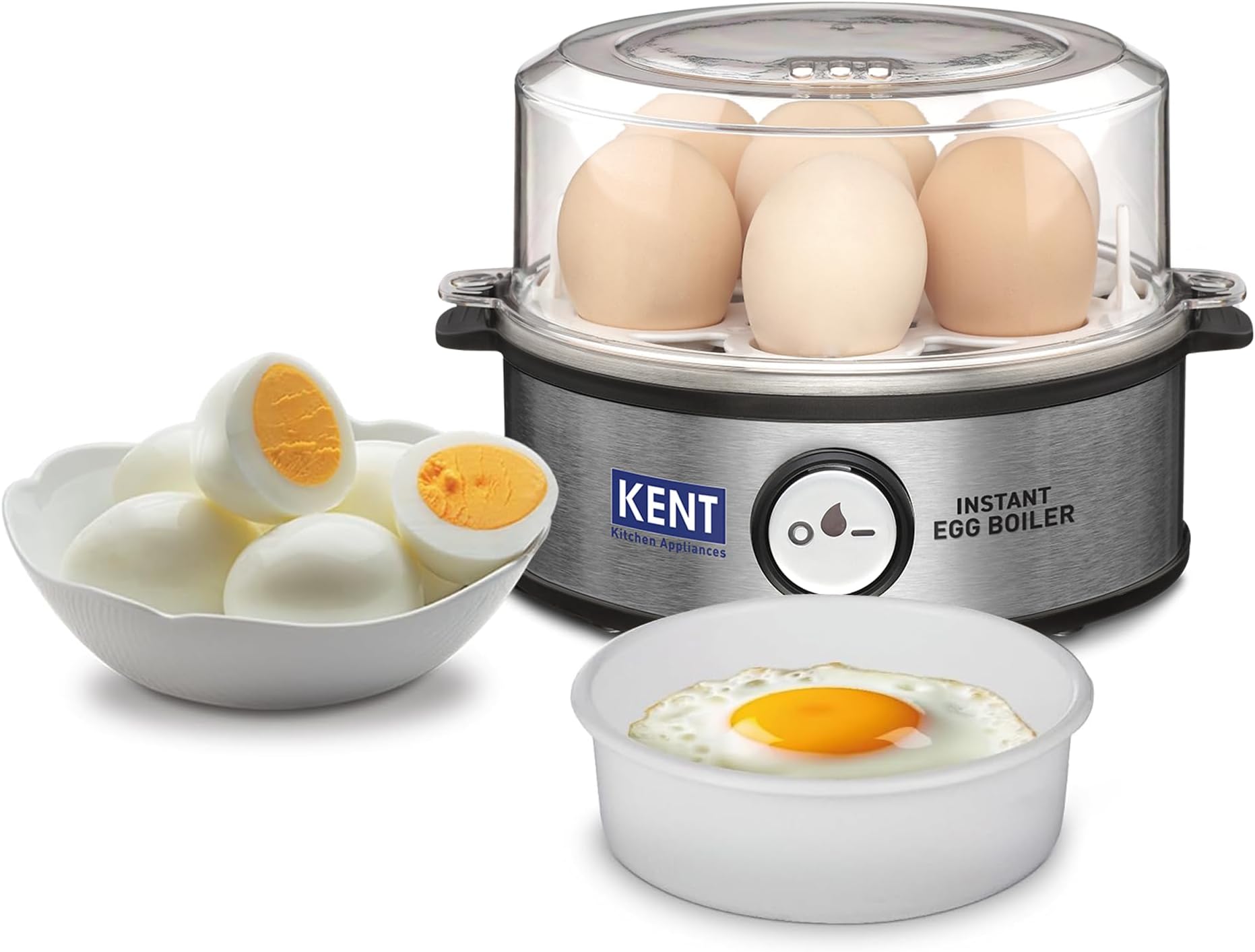 KENT Instant Egg Boiler | 370-Watt | Boil 7 Eggs at a Time | 3 Boiling Modes | Stainless Steel Body, Poaching Tray & Heating Plate | Automatic Power Off