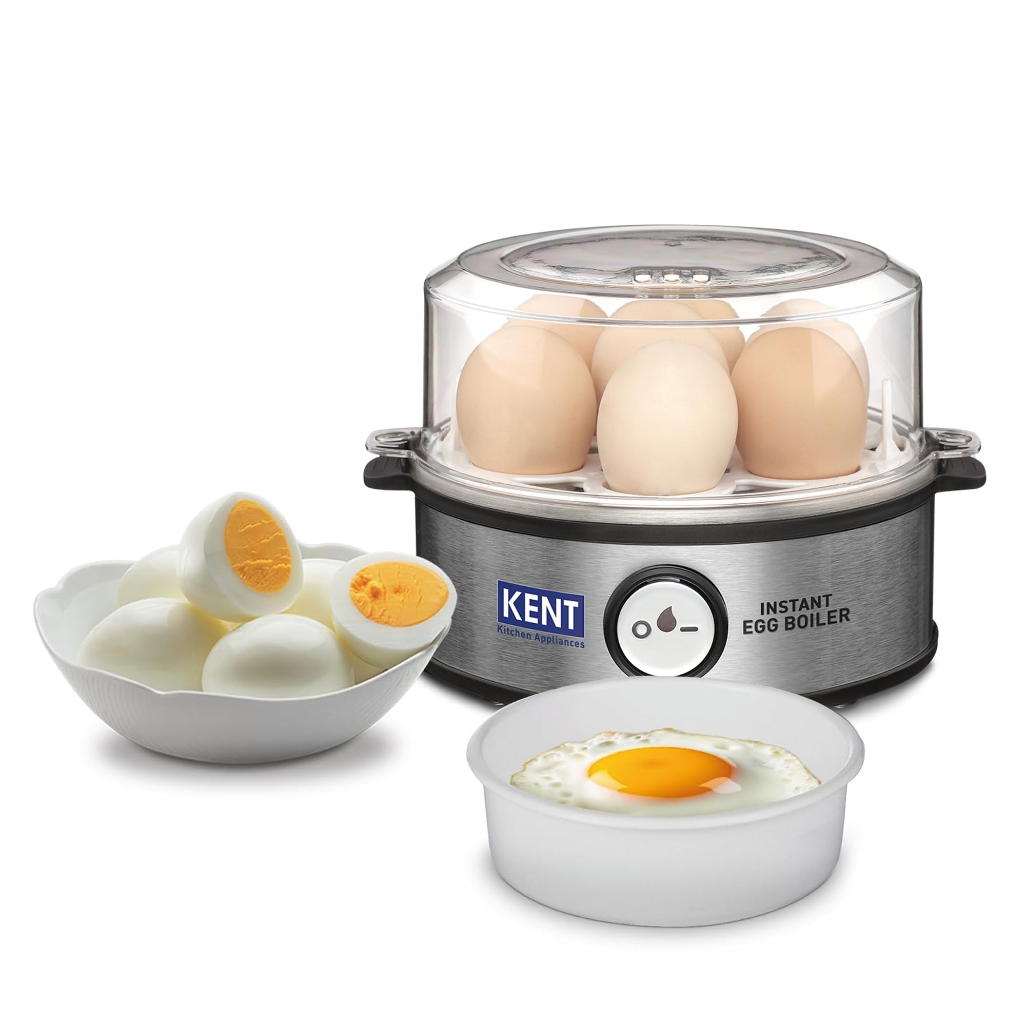 kent instant egg boiler | 360-watt | boil 7 eggs at a time | 3 boiling modes | stainless steel body, poaching tray & heating plate | automatic power off