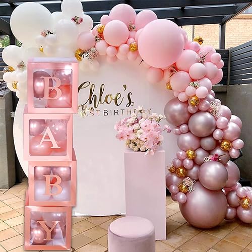 Miniatura 10 de 82 piezas de decoraciones doradas neutrales para baby shower para niño o niña, cajas de globos transparentes gigantes de bloque de bebé, letras de