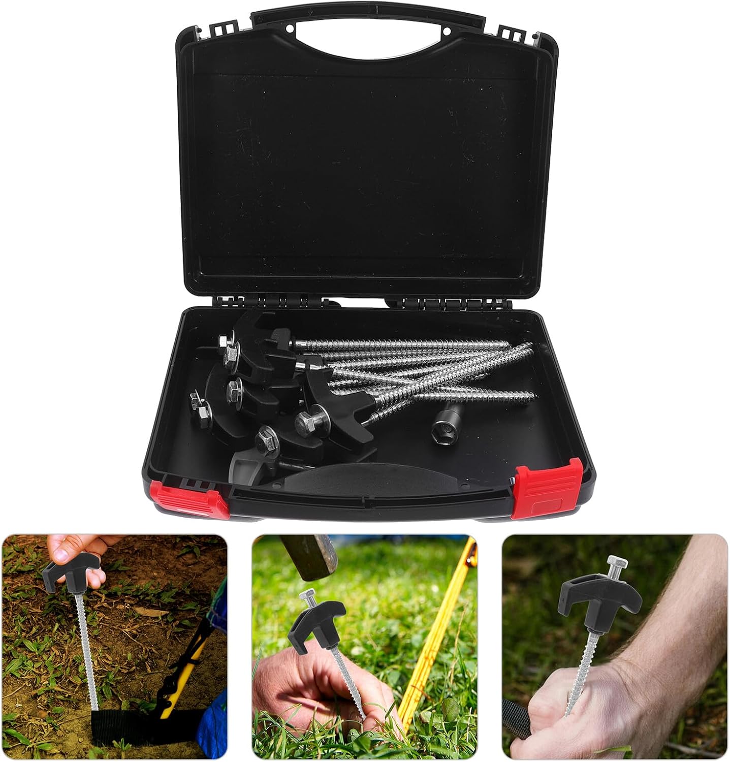 Balacoo Screw Tent Stakes Set 10pcs M8 Carbon Steel Spiral Ground Pegs with Rotatable Plastic Head, 8x200mm Tent Nails Kit with Gray Puller Tool and Storage Box for Camping and Outdoor