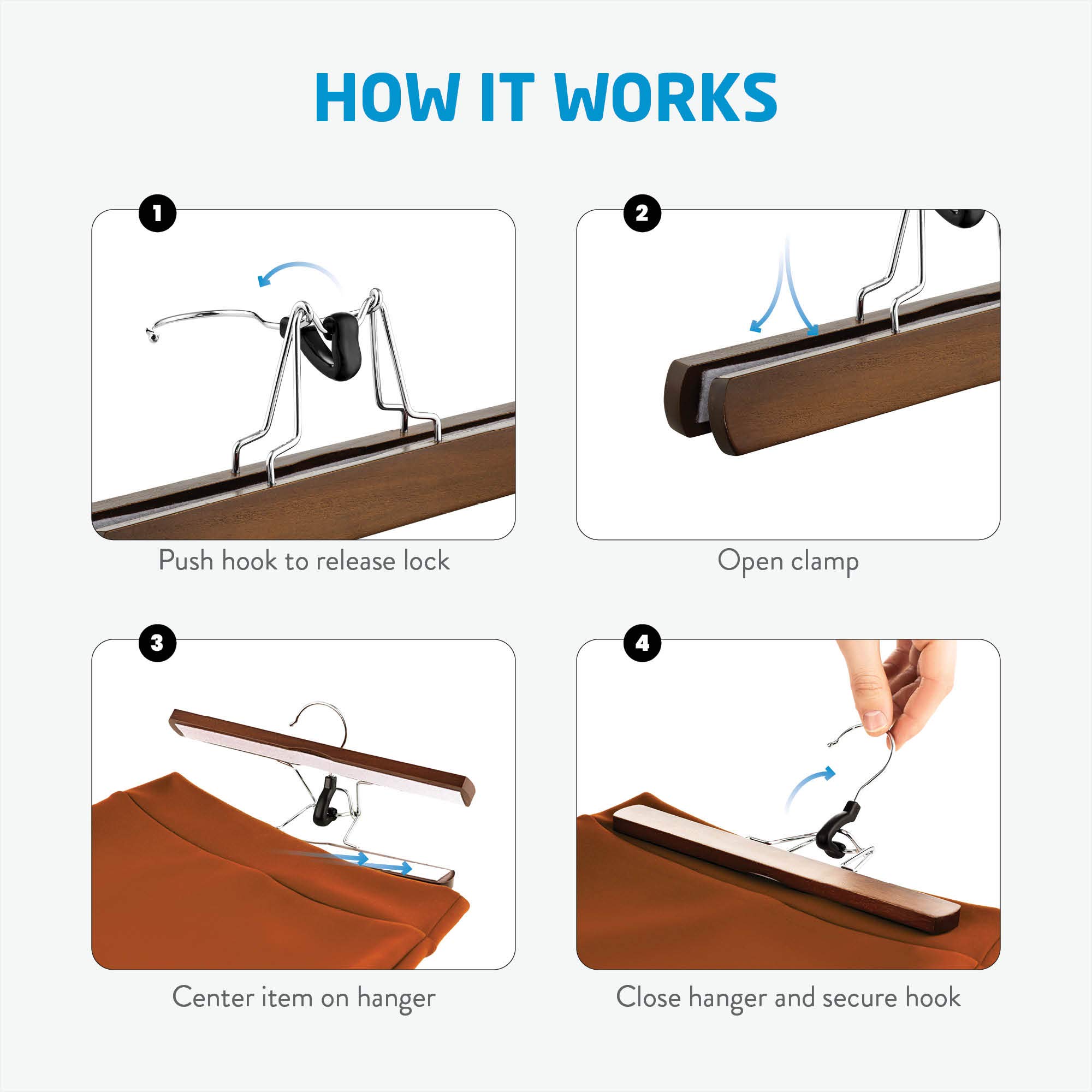 High-Grade Wooden Pants Hangers with Clips 10 Pack Non Slip Skirt Hangers, Smooth Finish Solid Wood Jeans/Slack Hanger with 360Â° Swivel Hook - Pants Clip Hangers for Skirts, Slacks - Clamp Hangers