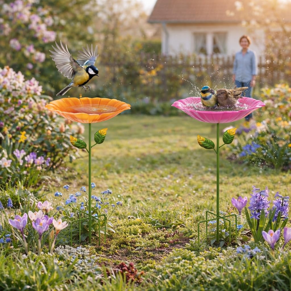 2er Set Metall-Vogeltränke stehend für Garten, Vogelbad Vogelbecken Futterschale Schüssel Wildvogeltränke Wassertränke Vogelfutterspender Abnehmbar frostfest für Hof (Blume B-Gelb & Pink)