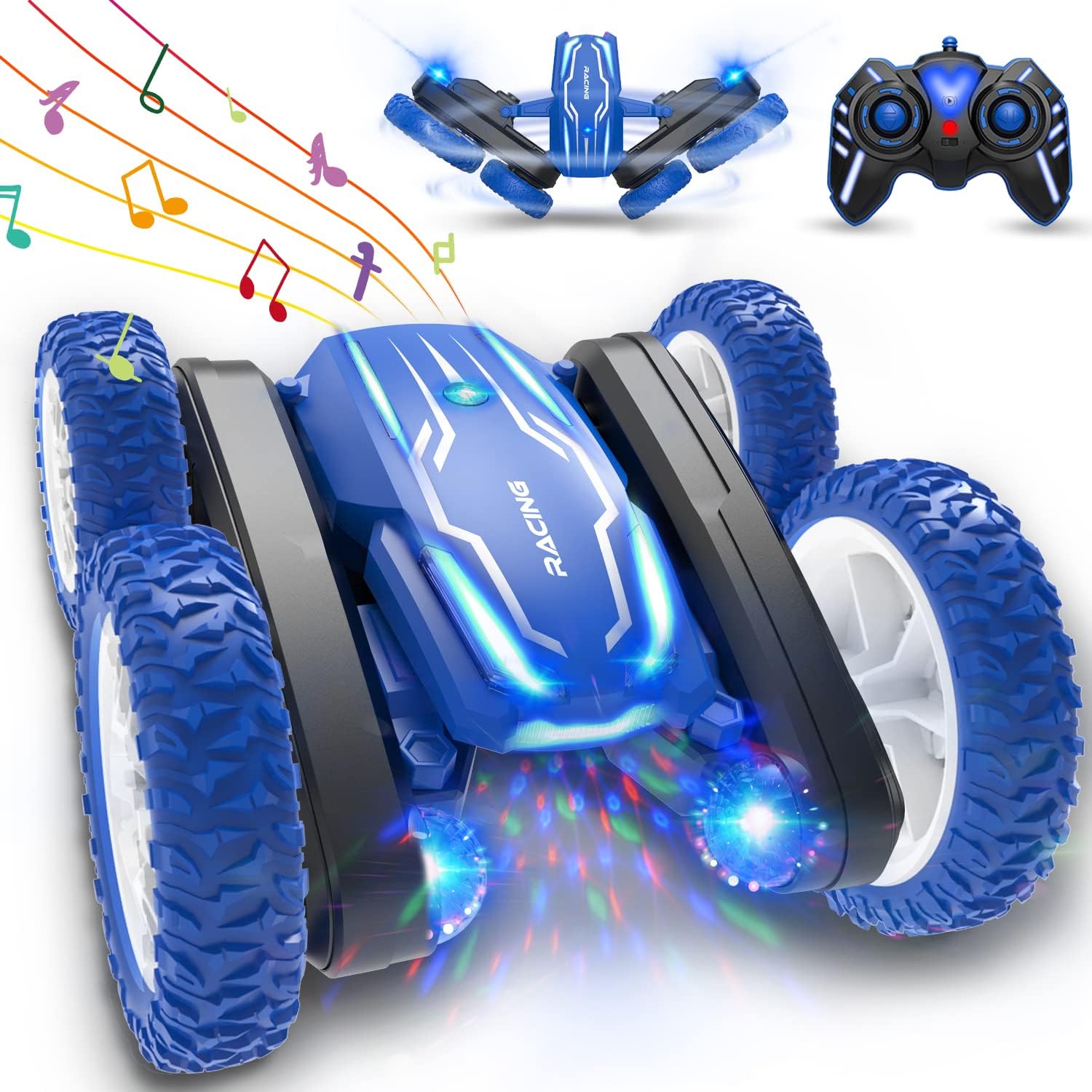 Remote Control Car RC Cars, 4WD Off-Road 2.4GHz Double Sided 360° Flips Rotating Stunt Cars with LEDs&Music, Birthday Xmas Gift Toys Cars for Boys Girls Kids Age 6 7 8 9 10 11 12 Year Old, Blue