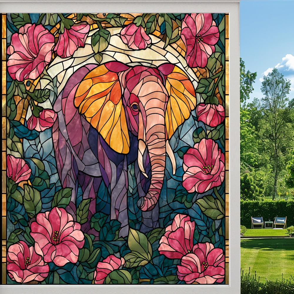 Tropical Elephant Frosted Window Film, Colorful Flowers Wildlife Stained Glass Privacy Film, Heat Insulation Self-Adhesive Vinyl for Bathroom Office, （90x160cm）
