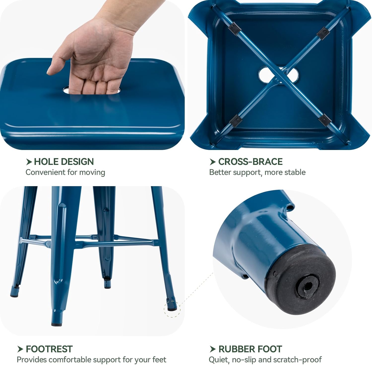 Vogue Furniture Direct 24" Bar Stools Backless Metal Barstools Indoor-Outdoor Counter Height Stools with Square Seat, Set of 4 (Deep Blue)