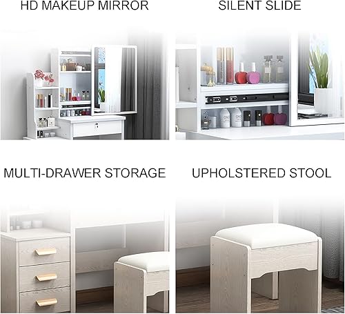 Miniatura 2 de KOKMAT tocador de maquillaje con espejo deslizante juego de mesa de tocador para mujer 4 cajones con compartimento de almacenamiento oculto taburete