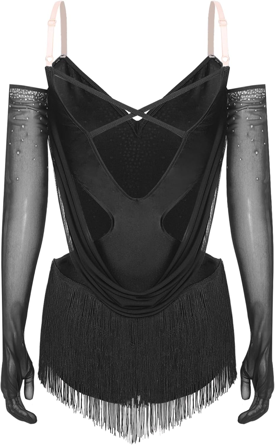 FEESHOW Women's Rhinestones Ruched Bodysuit Tassel Tango Rumba Salsa Latin Dance Leotard with Gloves