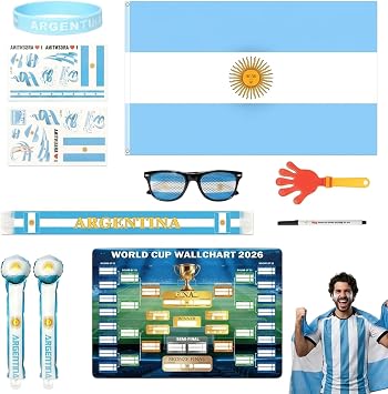 11PCS International World Flags Set, World Cup Merch for Fans Accessories, Flag, Scarf, Glasses, Cheering Sticks, Clapper & Schedule Poster, Fan Gear for Match Day & Parties Argentina