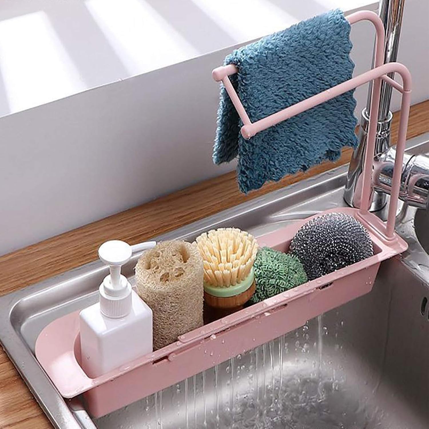 V2H Kitchen Sink Organizer Plastic Wash Basin Storage Shelf Retractable Rack for Dishwasher Liquid Brush, Kitchen Cloth, Soap, Sponge Storage Basket (Pink)-image-9