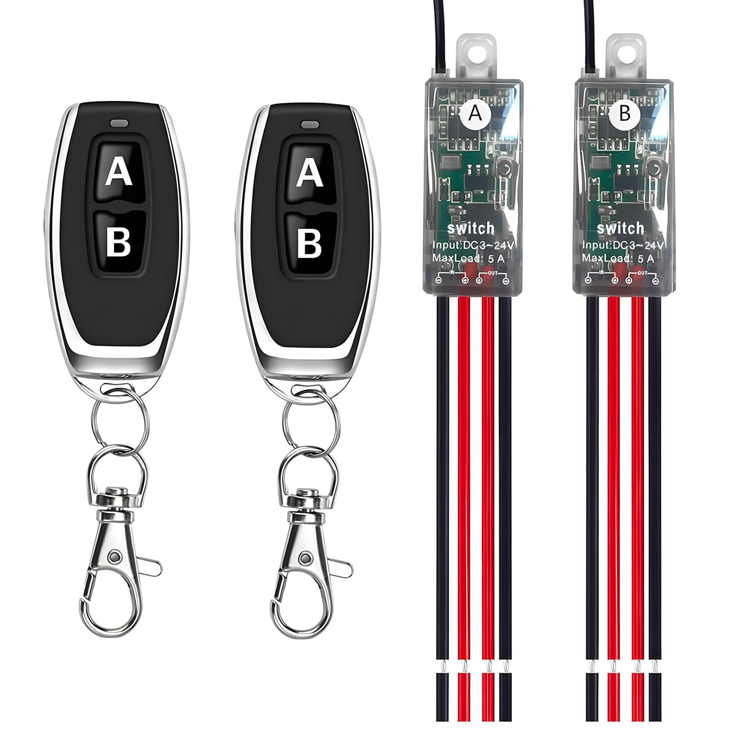 Mini Wireless Switch,5V/12V/24V/5A Relay 2 Way Remote Control Switch 1 Channel,164FT Long Range for Ceiling Lights, Led Strip,Alarm Bell,Light Bar.(