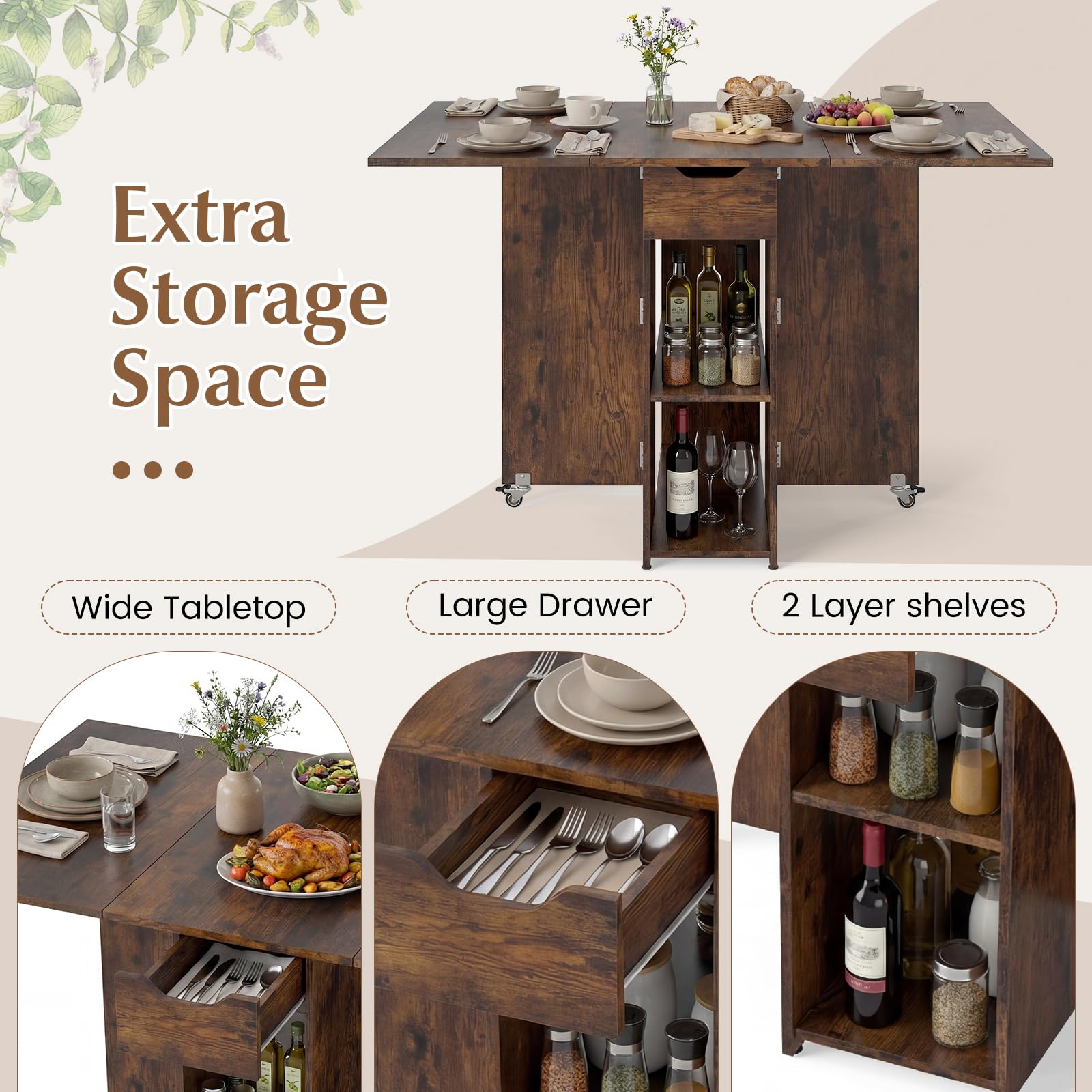 GIANTEX Tavolo da Pranzo Pieghevole, Mobile da Cucina con Ali Pieghevoli, 1 Cassetto e 2 Ripiani Aperti, per 2-4 Persone, Salvaspazio, 120 x 72 x 75 cm, Ideale per Sala e Cucina