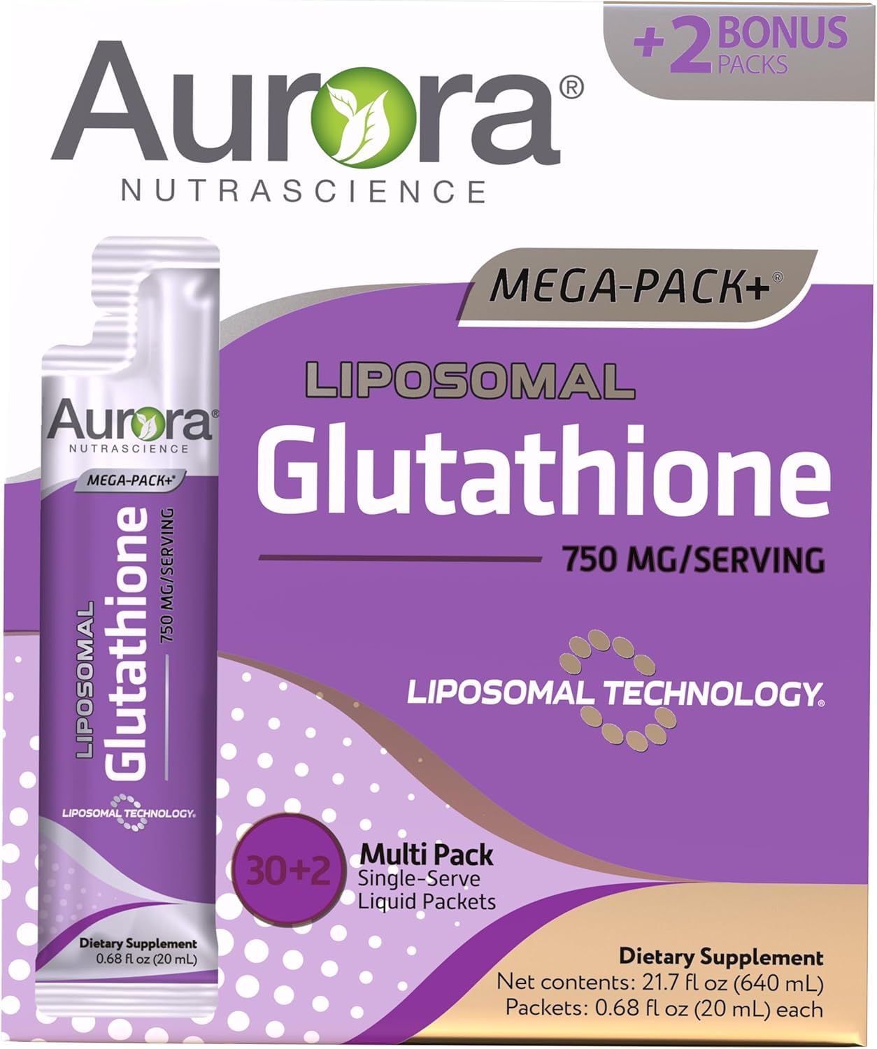 Aurora Nutrascience Mega-Pack Liposomal Glutathione, Immune System Support, Antioxidant, 750 mg per Serving, 32 Single-Serve Packets, Gluten Free, Non-GMO, Sugar-Free, 16 fl oz (480mL)