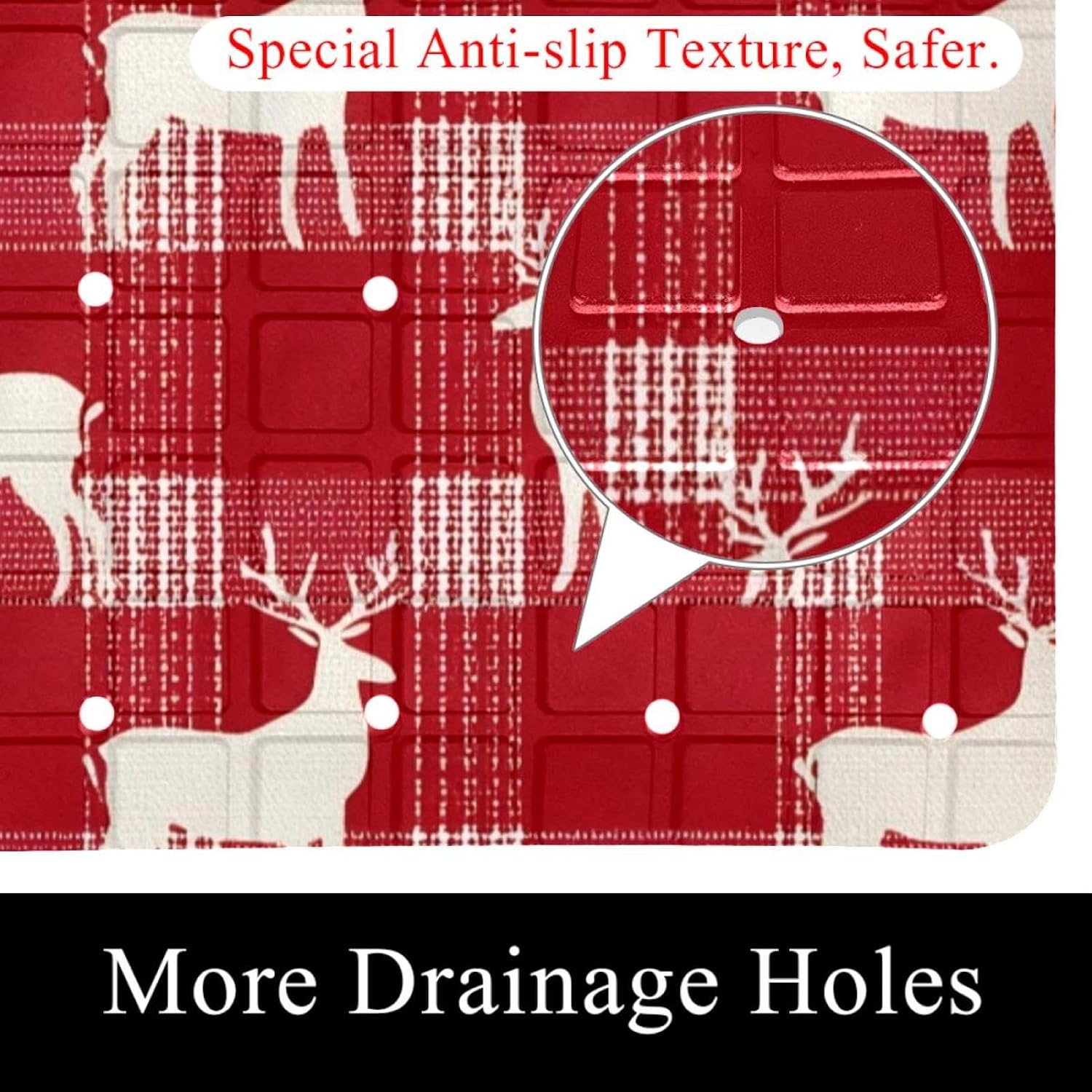 Seamless White Reindeer on Red Buffalo Check Background Bath Tub and Shower Mats, Non Slip Bathmat with Drain Holes and Suction Cups for Bathroom Floor, 15.1 x 26.8 Inch