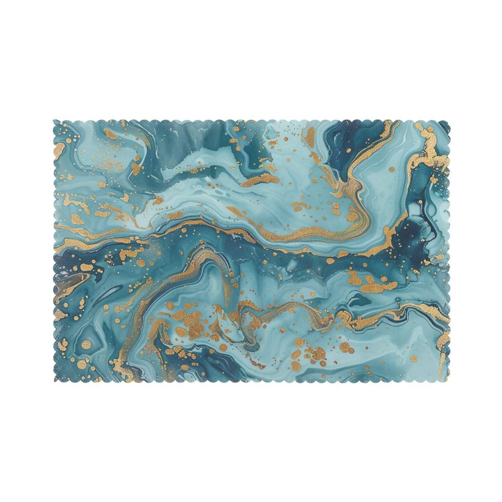Azurite Teal and Foil Gold Oil Marble Pattern Printed Placemat Heat Resistant Place Mats Set of 6 PCS Washable Kitchen Table Mats, 12x18 Inch