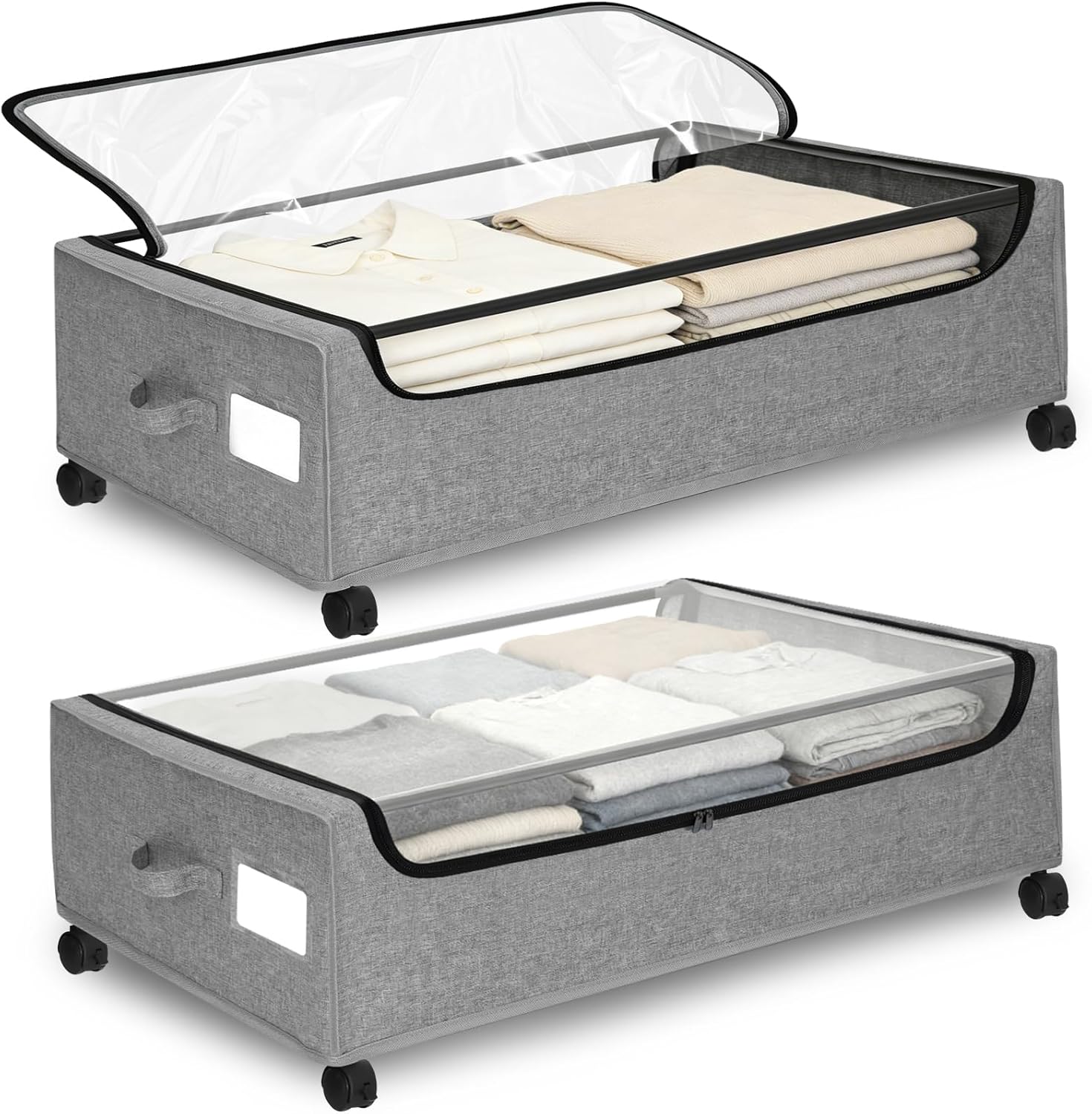 Under Bed Storage with Wheels, 2 Pack Under Bed Storage Containers, 10.6 inches Tall Underbed storage bins on Wheels, Rolling Under the Bed Metal Drawers for Clothes, Blankets, Shoes (XXXL, 90L)