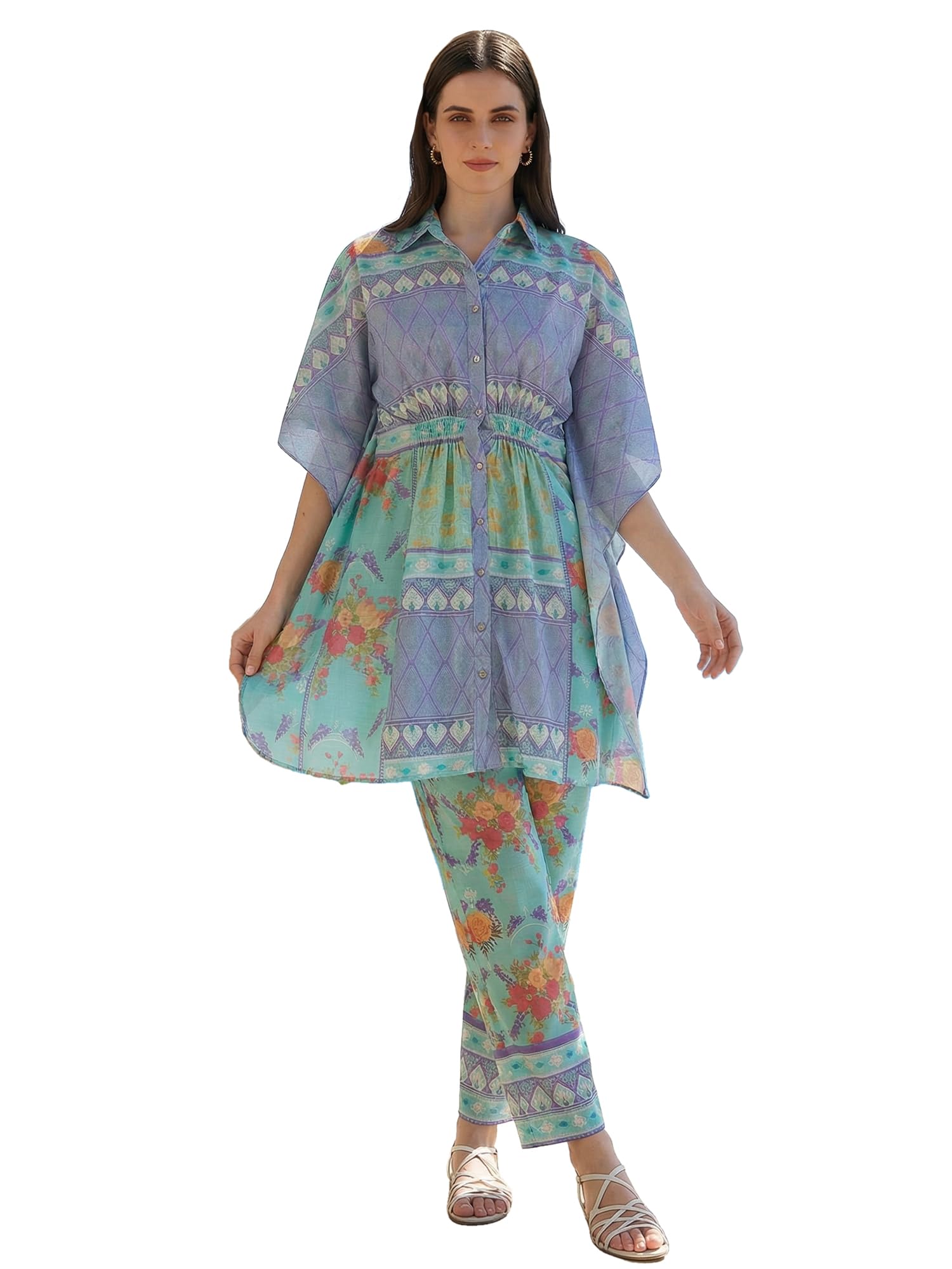 Women's Silk Blend Printed Round Neck Top & Pant Set (LWCDAI1073)-image-17