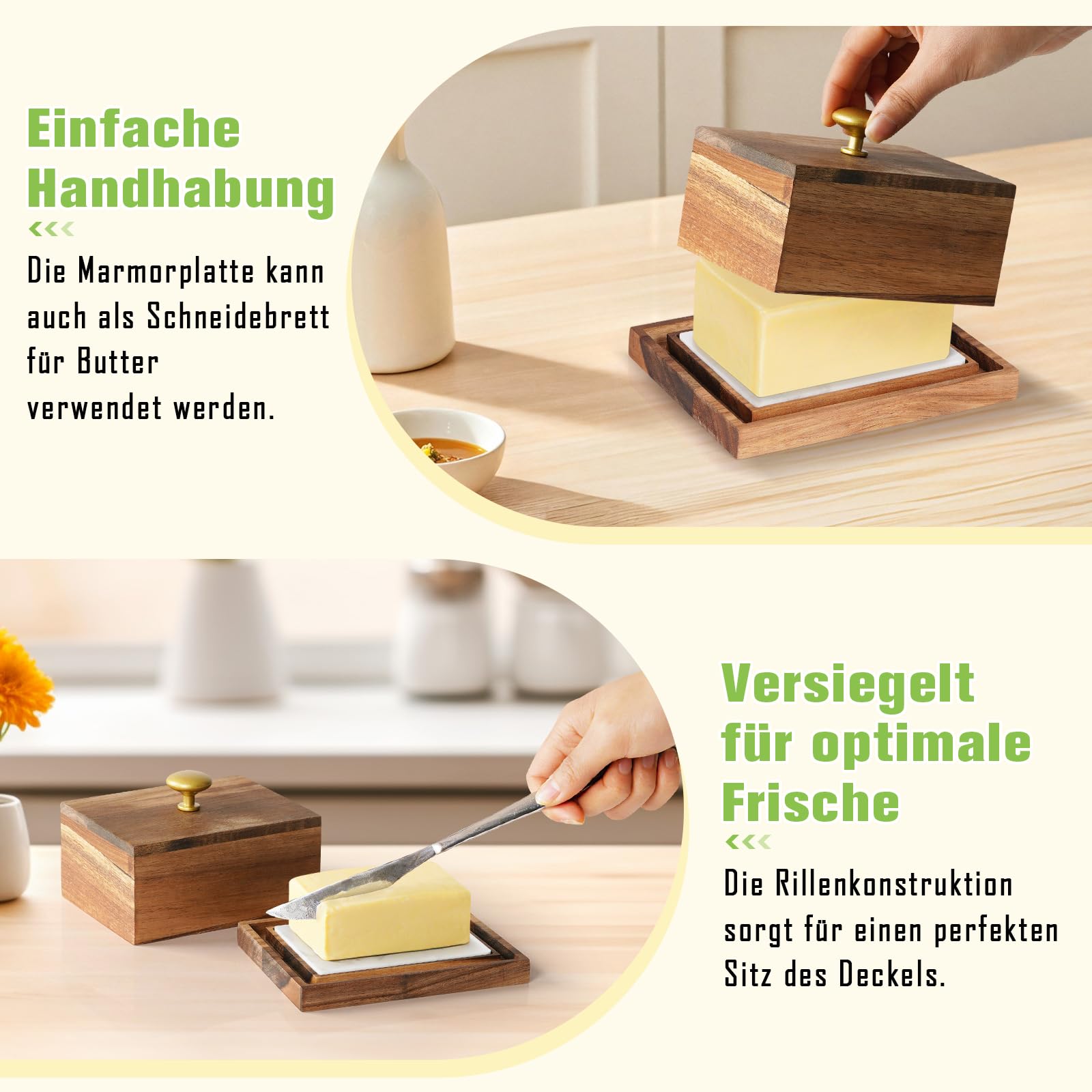 Butterdose aus Akazienholz mit Marmorplatte – Für 250g streichzarte Butter | Holz Butterschale zur idealen Aufbewahrung | Butterglocke