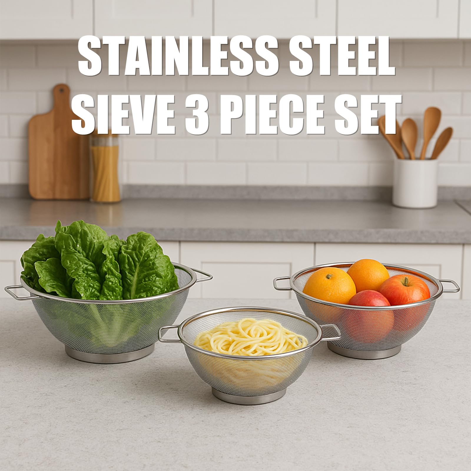 Set 3 Scolapasta in Acciaio Inox con Manici, Micro-Perforato per Drenaggio Veloce, Scolapasta per Pasta, Riso, Verdura e Frutta, Forte e durevole, Facile da Pulire (18/22/24 cm)