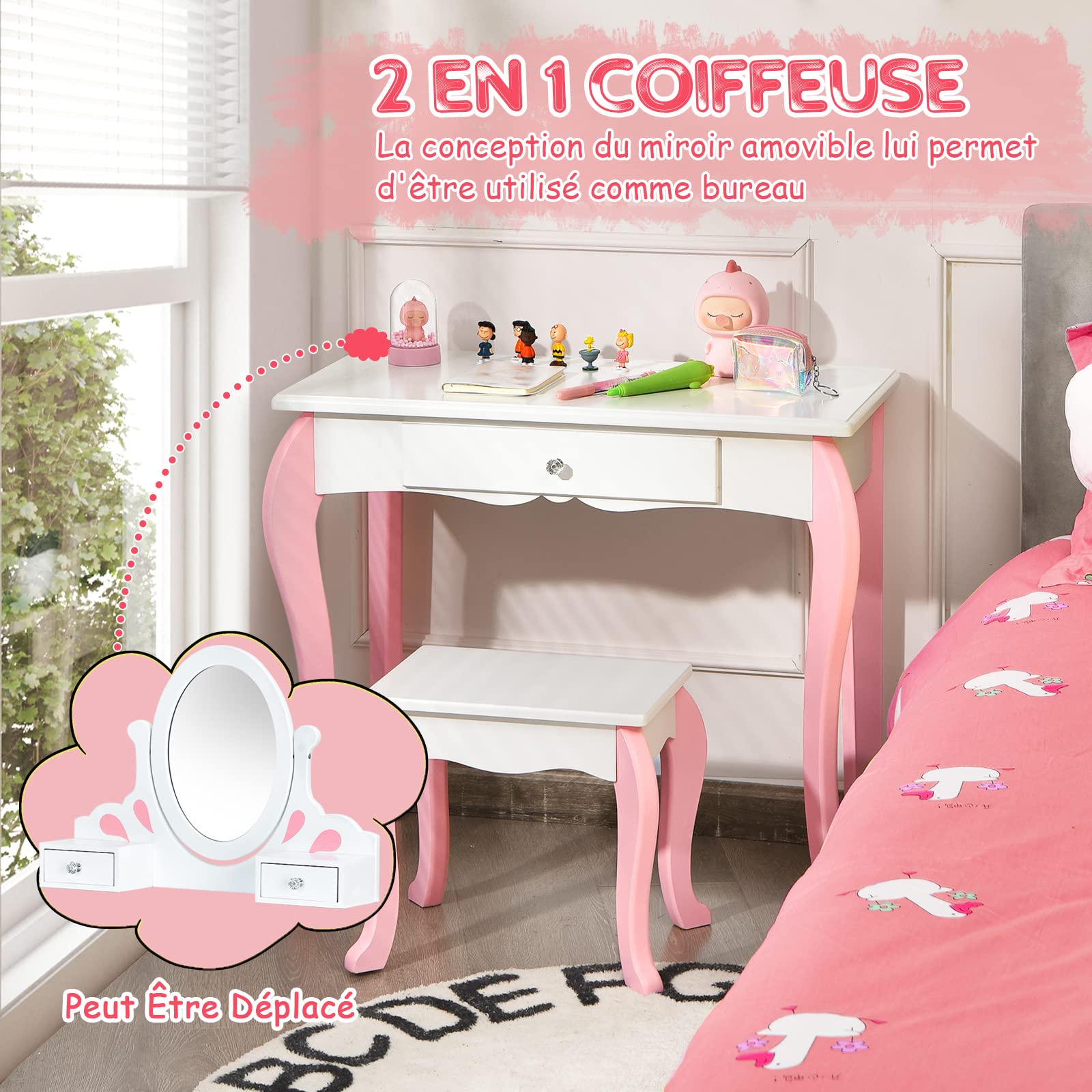 DREAMADE Coiffeuse pour Enfants 2 en 1 avec Miroir Rotatif 360° et Détachable, Table de Maquillage en Bois avec Tabouret, 3 Tiroirs, Style Princesse pour Filles,Blanc (Goutte-Blanche)