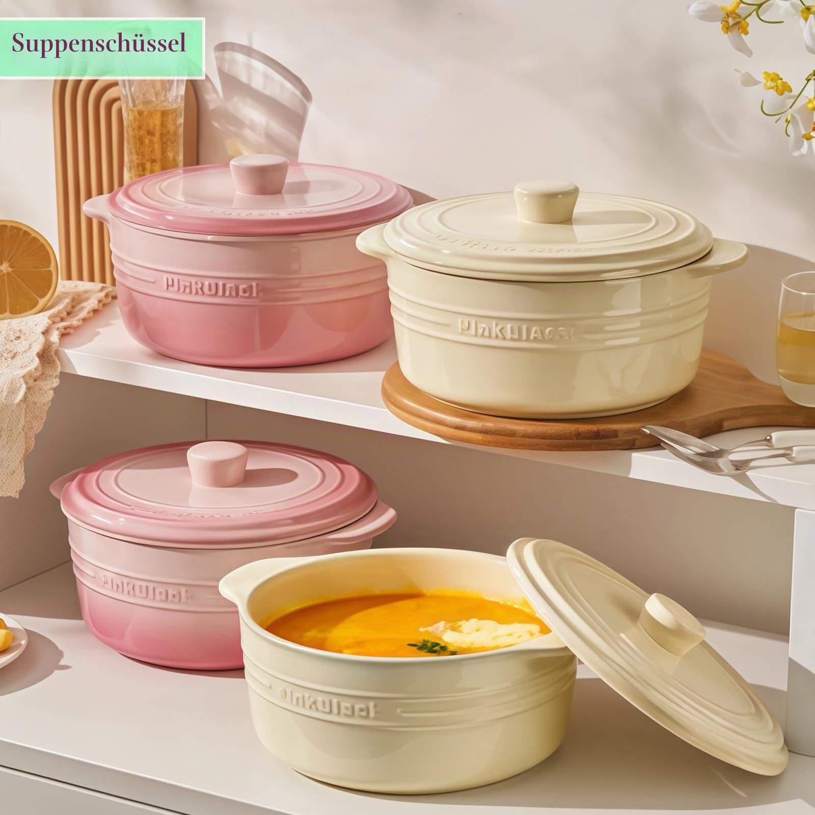 Große Suppenschüssel mit Griffen und Deckel, 1800 ml Ramenschüssel für Instant-Nudeln, mikrowellengeeignet