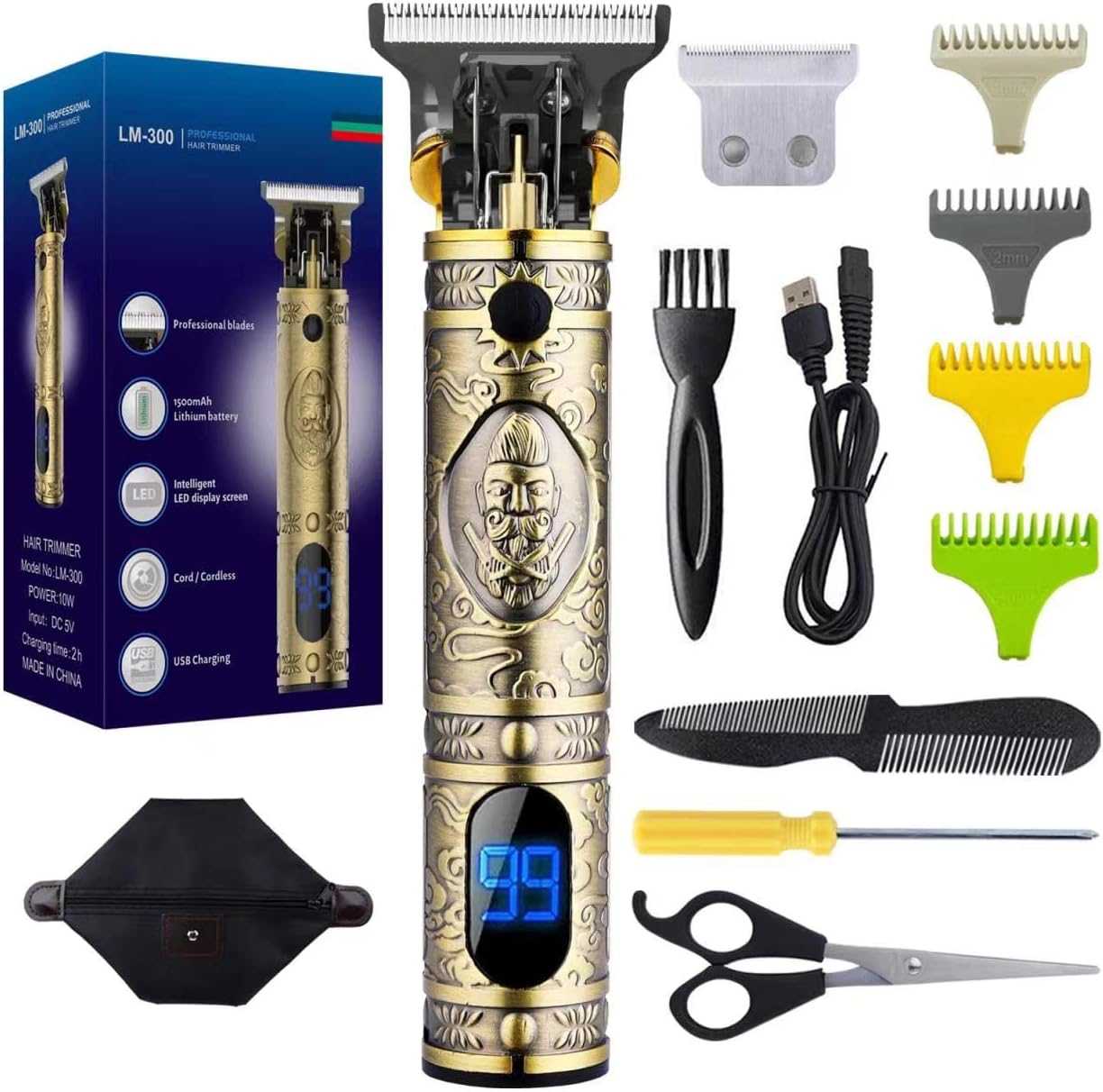 Professional Hair Trimmr Zero Gapped Detail Beard Shaver Barbershop Baldheaded Hair Clipper T-Blade Hair Clipper for Men Electric Pro Li Outline Trimmer Grooming Kit LED Display (Golden）