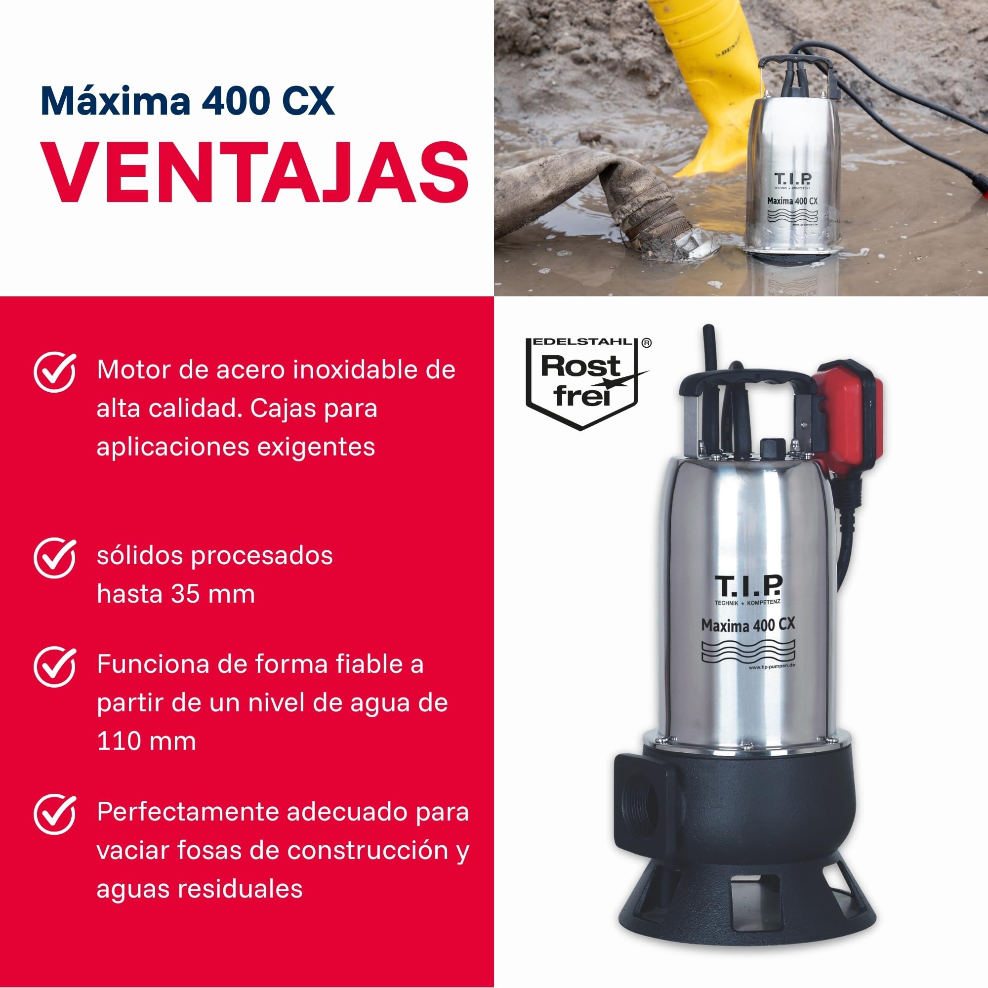 T.I.P. 30140 Bomba de inmersión, bomba empotrada para aguas residuales Maxima 400 SX