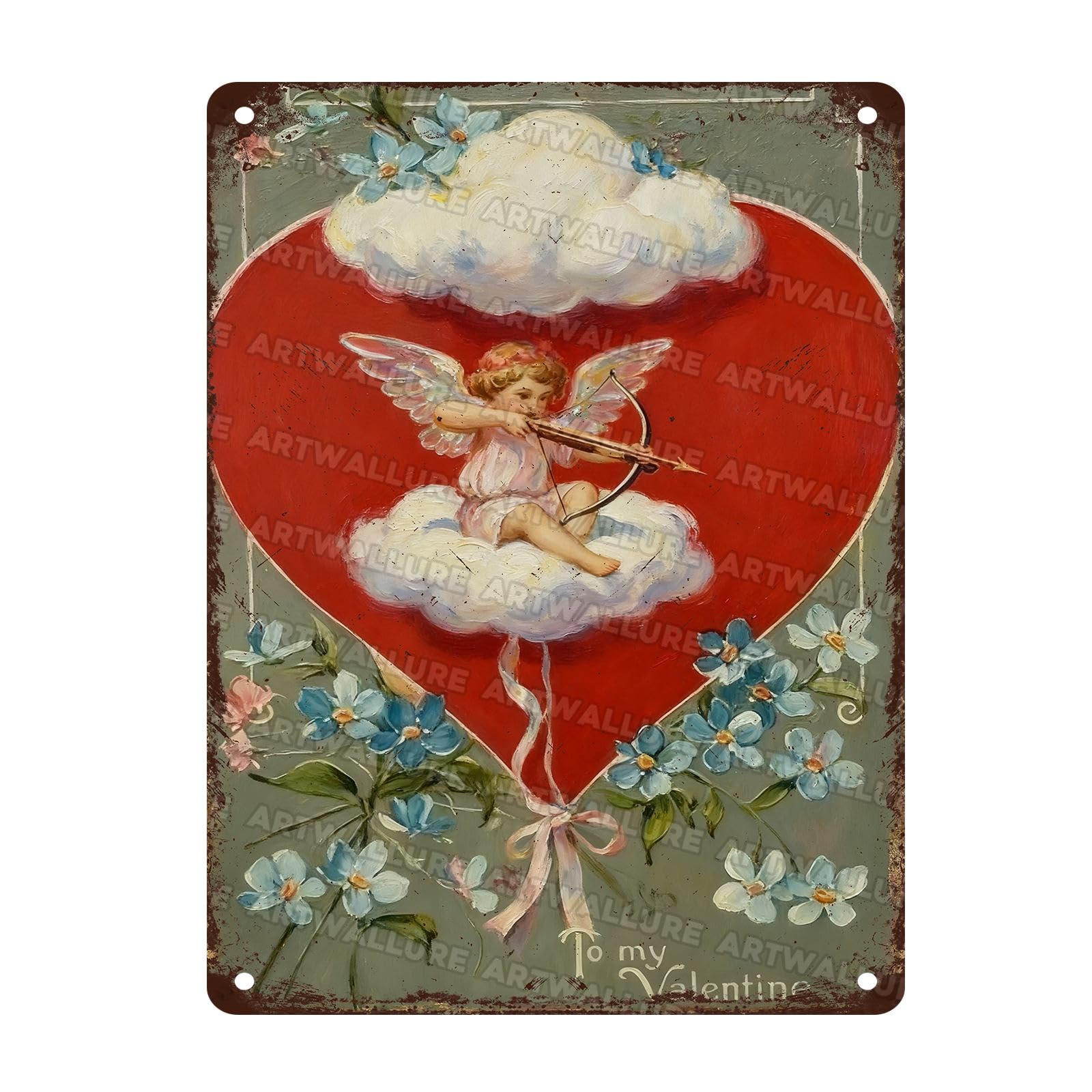 To My Valentine Metal Sign Flat Vintage Cupid Heart Wall Decor For Kitchen Bar Man Cave Cafe Valentine Easter Decor 12x16Inch