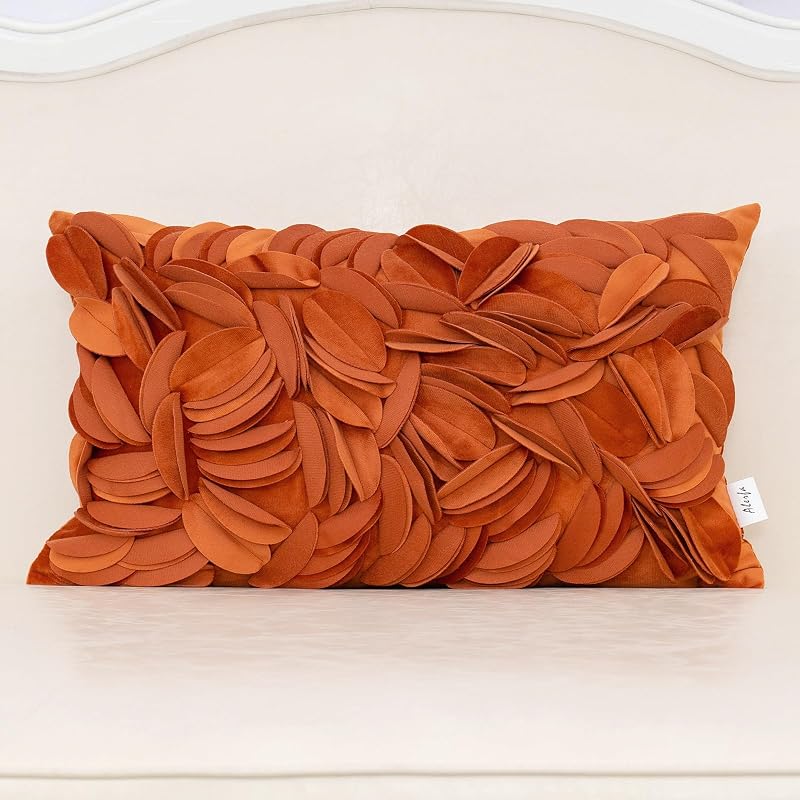 Funda de almohada hecha a mano con hojas 3D, funda de almohada decorativa de terciopelo floral, funda de cojín para sofá, cama, sala de estar, decoración del hogar, 12.0 x 20.0 in, color naranja