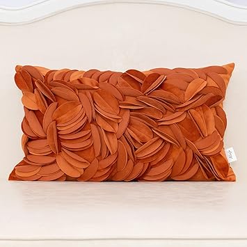 Alerfa 3D Leaves Handmade Throw Pillow Cover Decorative Floral Velvet Pillowcase Cushion Cover for Couch Bed Living Room Home Decor 12x20 Inche, Orange
