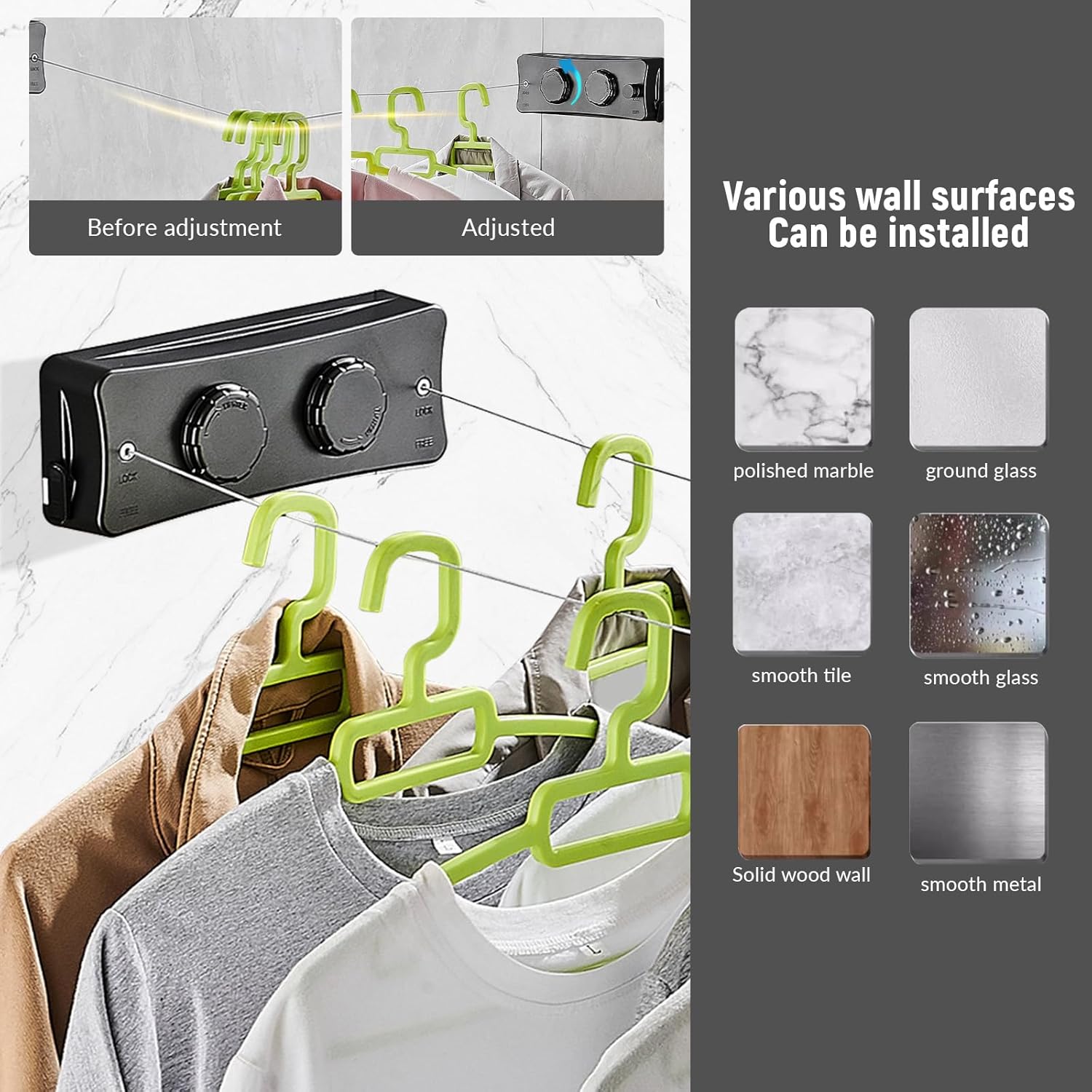 Upgrade Retractable Clothesline Heavy Duty 13.7FT Max - Anti-Sag Wall Mounted Indoor/Outdoor Clothes Drying Line with Stainless Steel Rope & Pulley System (Black, Q Double Line)