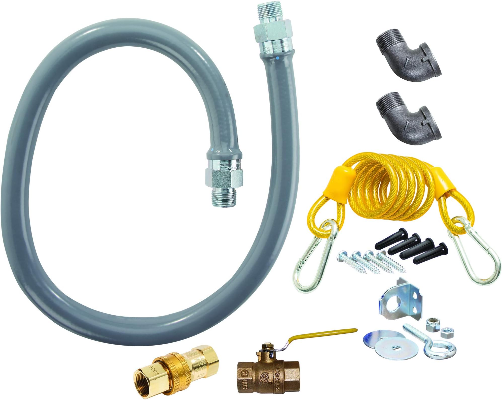 ReliaGuard Commercial Food Service Stainless Steel Gas Connector Kit, 3/4" ID x 48" L Gray PVC Hose with Snap Quick-Disconnect, Two 90° Elbow Fittings, Full Port Gas Valve, Restraining Cable
