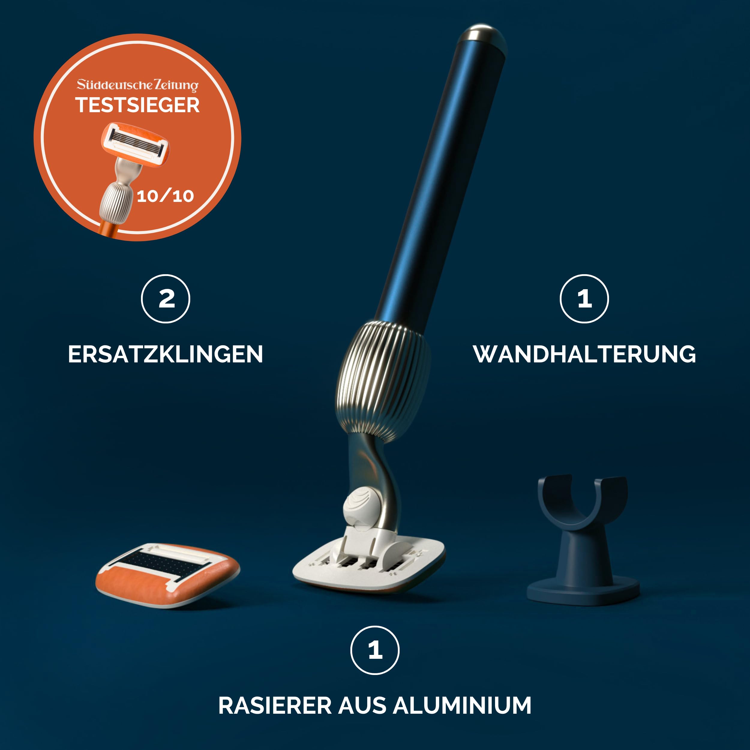 Fler The Razor Starter Set – Damenrasierer mit Austauschbaren Rasierköpfen, Rasierer mit Halterung und 2 Ersatzklingen, Unisex-Rasierer, Rasierklingen mit Aloe Vera, Vitamin E (Midnight Blau)