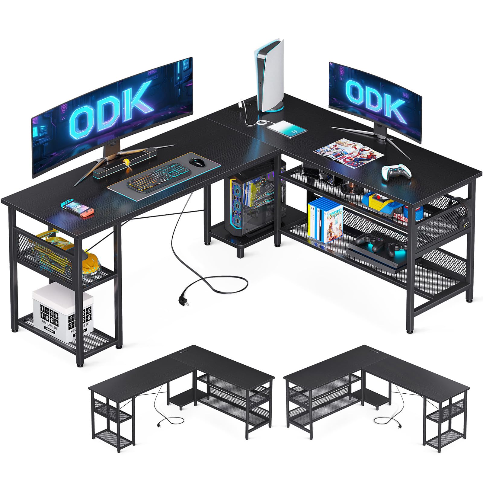 ODK Scrivania Gaming ad L con Design Reversibile, Scrivania con Ampio Spazio di Archiviazione, Scrivania ad Angolo con 2 Prese e 2 Porte USB, Nero, 168×120cm