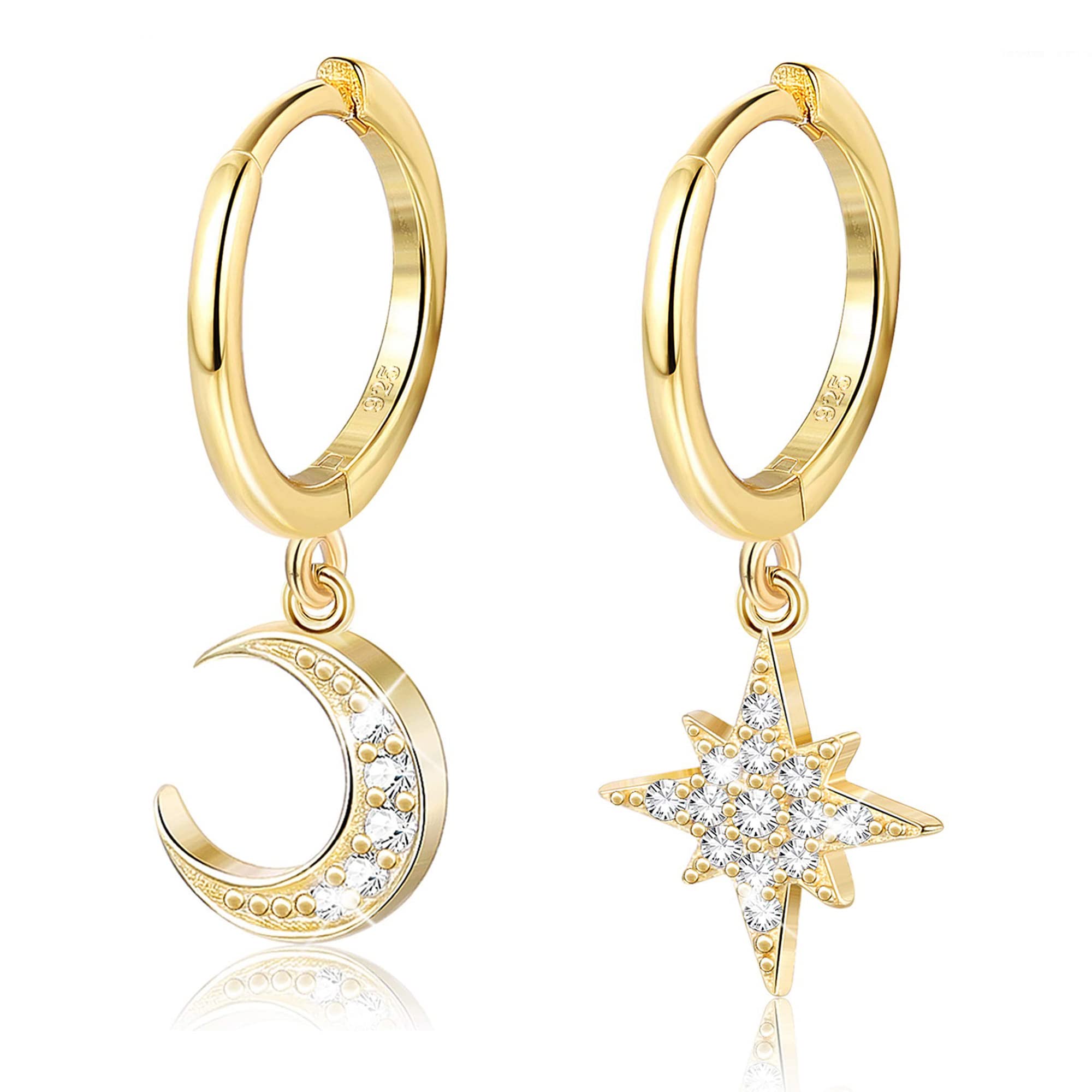 Adramata Aros Pendientes Mujer Plata De Ley 925 Pendientes Oro Tipo Argolla Con Estrella y Luna Pendientes Pequeños De Cartílago Asimétrico Con Circonita Cúbica
