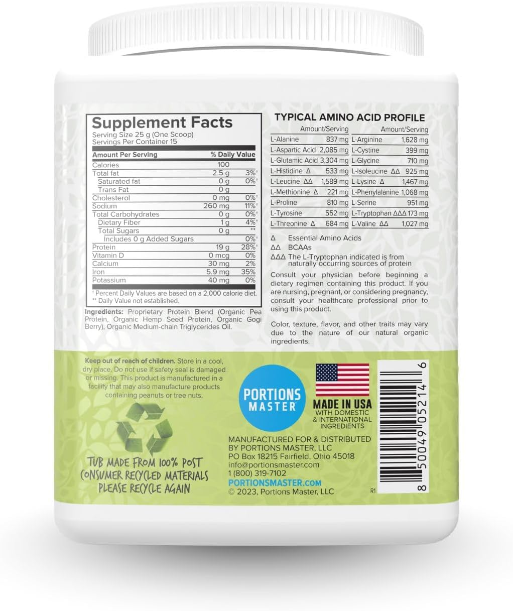 Portions Master Vegan Protein Blend, Complete Plant Based Protein Powder with Pea Hemp Seed Goji Blend Medium Chain Triglycerides (375g, Unflavored)
