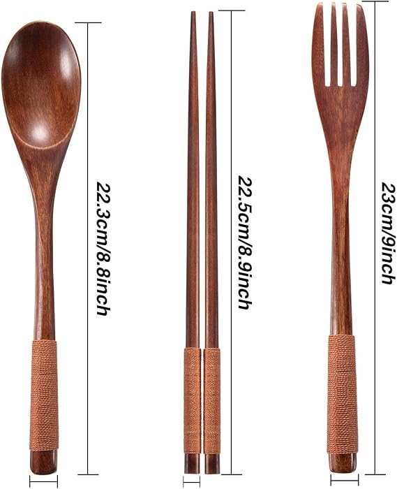 2 Sets Wooden Utensil Set, Travel Utensils for Eating, Wooden Fork Spoon Chopsticks, Reusable Portable Flatware Cutlery Set, Tied Line Flatware with Pouch for Lunch Camping Traveling