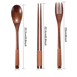 2 Sets Wooden Utensil Set, Travel Utensils for Eating, Wooden Fork Spoon Chopsticks, Reusable Portable Flatware Cutlery Set, Tied Line Flatware with Pouch for Lunch Camping Traveling