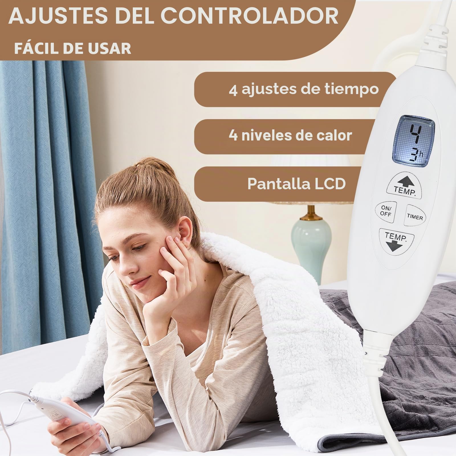 Manta térmica eléctrica, manta eléctrica con 4 ajustes de calor y temporizador de apagado automático de 4 horas, pantalla LCD, manta térmica gris de franela Sherpa para sofá y cama, 160 x 120 cm